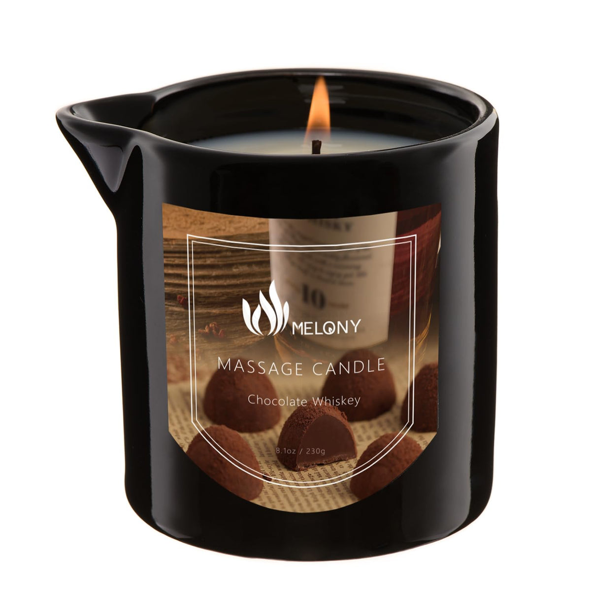 MELONY Massage Oil Candle Chocolate Whiskey lit for a warm, relaxing ambiance