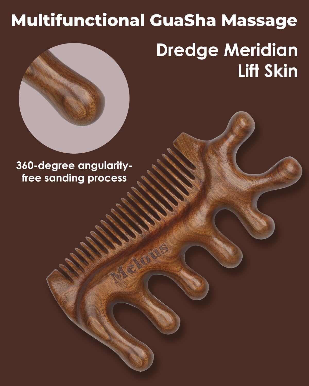 Melous sandalwood hair massager supports detangling and scalp comfort.