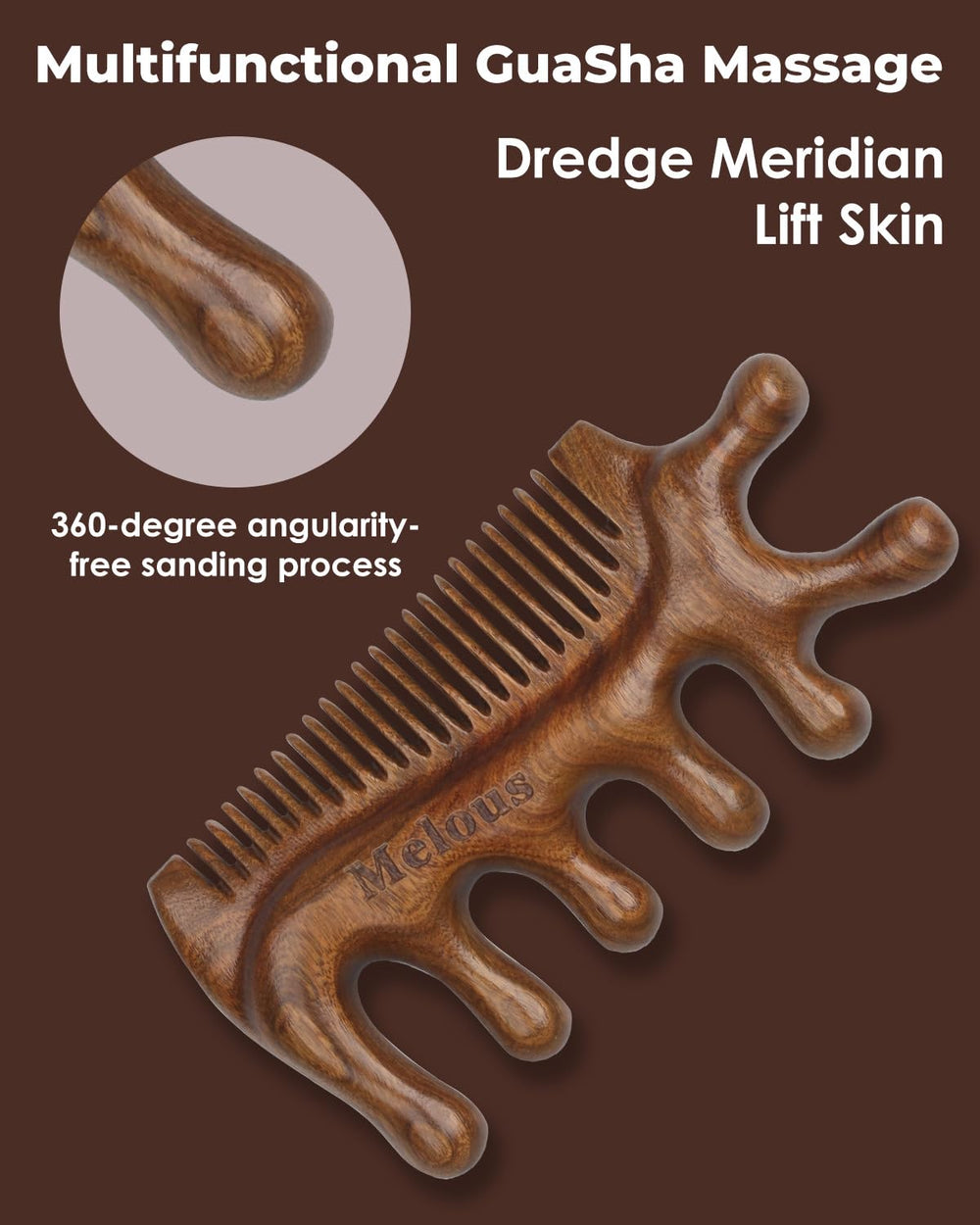 Melous sandalwood hair massager supports detangling and scalp comfort.