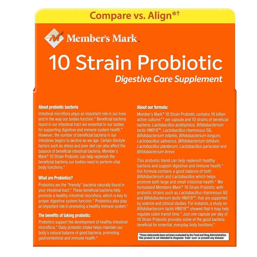 Member's Mark 10-strain capsules close-up illustrating potency and daily use.