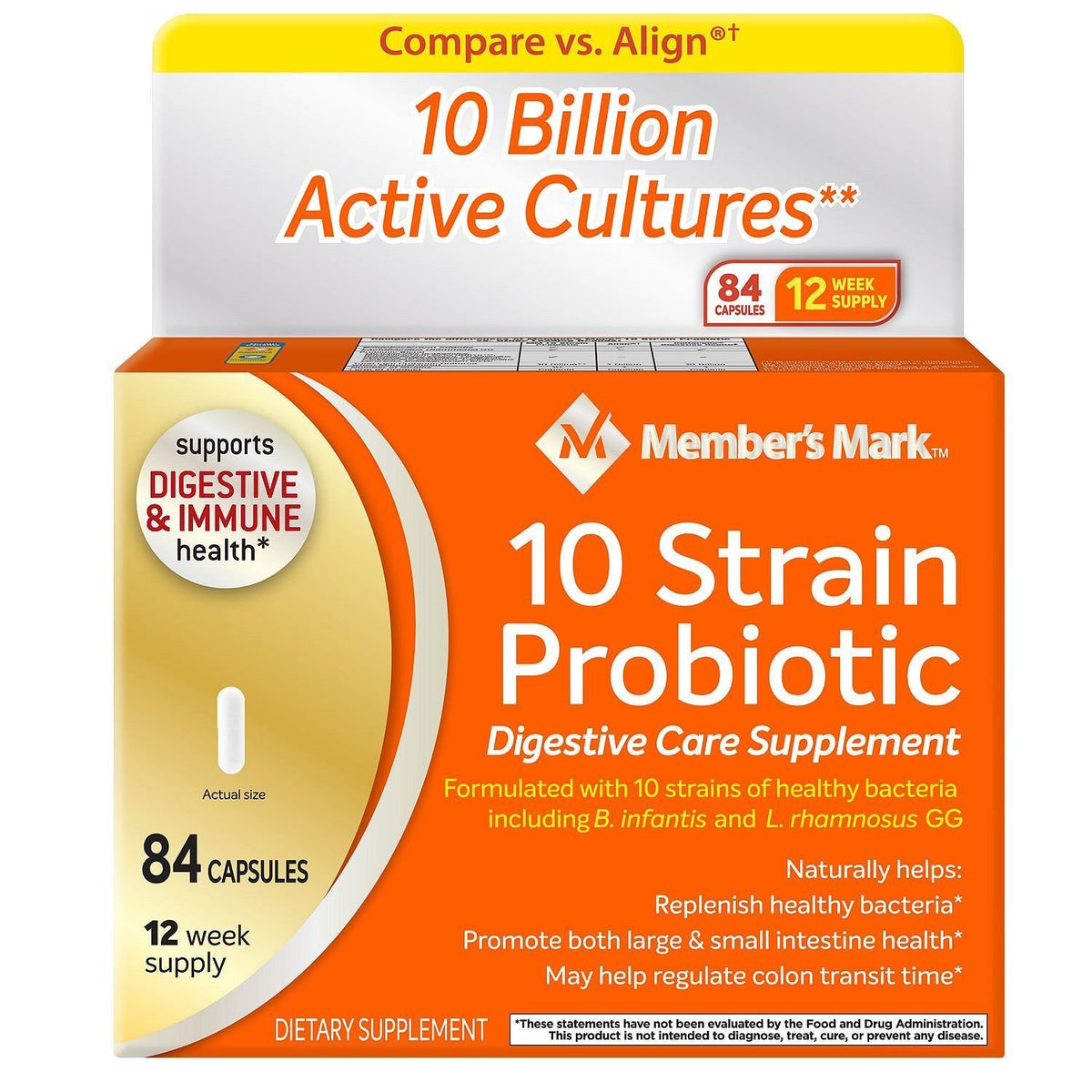 Member's Mark 5x Probiotic bottle front view for daily digestive support.