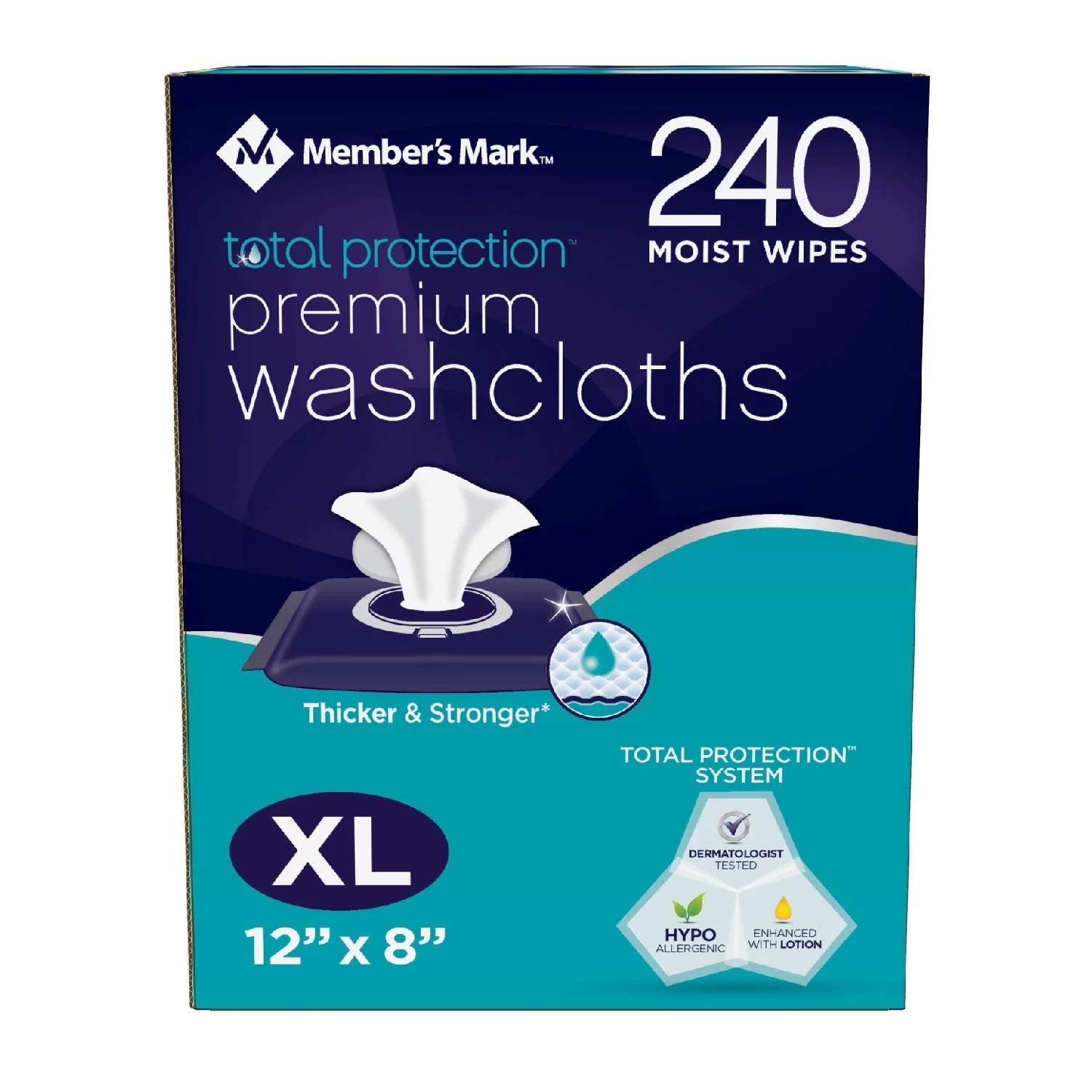 Member's Mark Adult Washcloths 240 count packaging shows bulk value for busy households.
