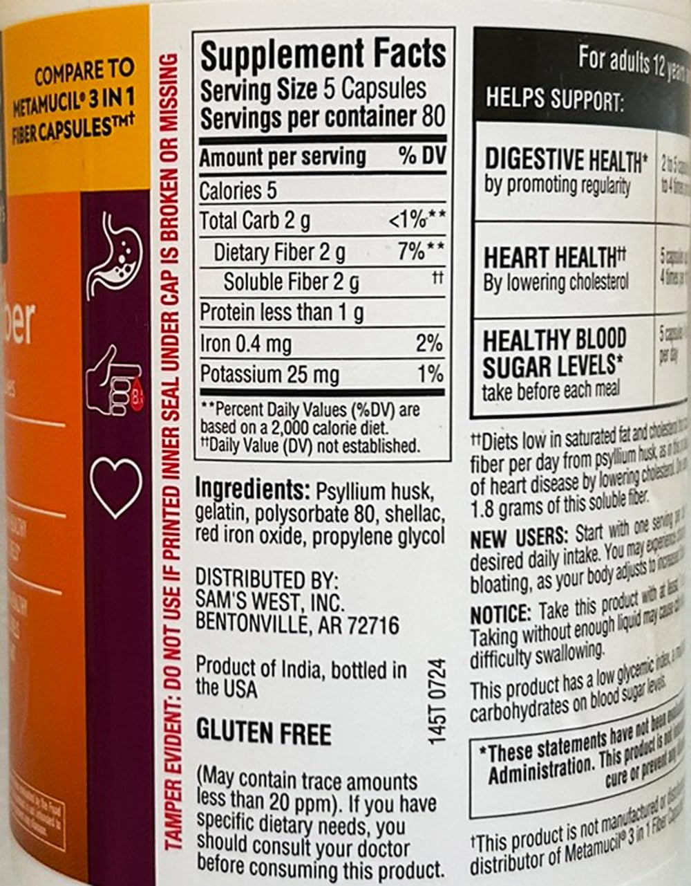 Member's Mark Fiber Capsules twin-pack bottles on kitchen counter for daily fiber routine.