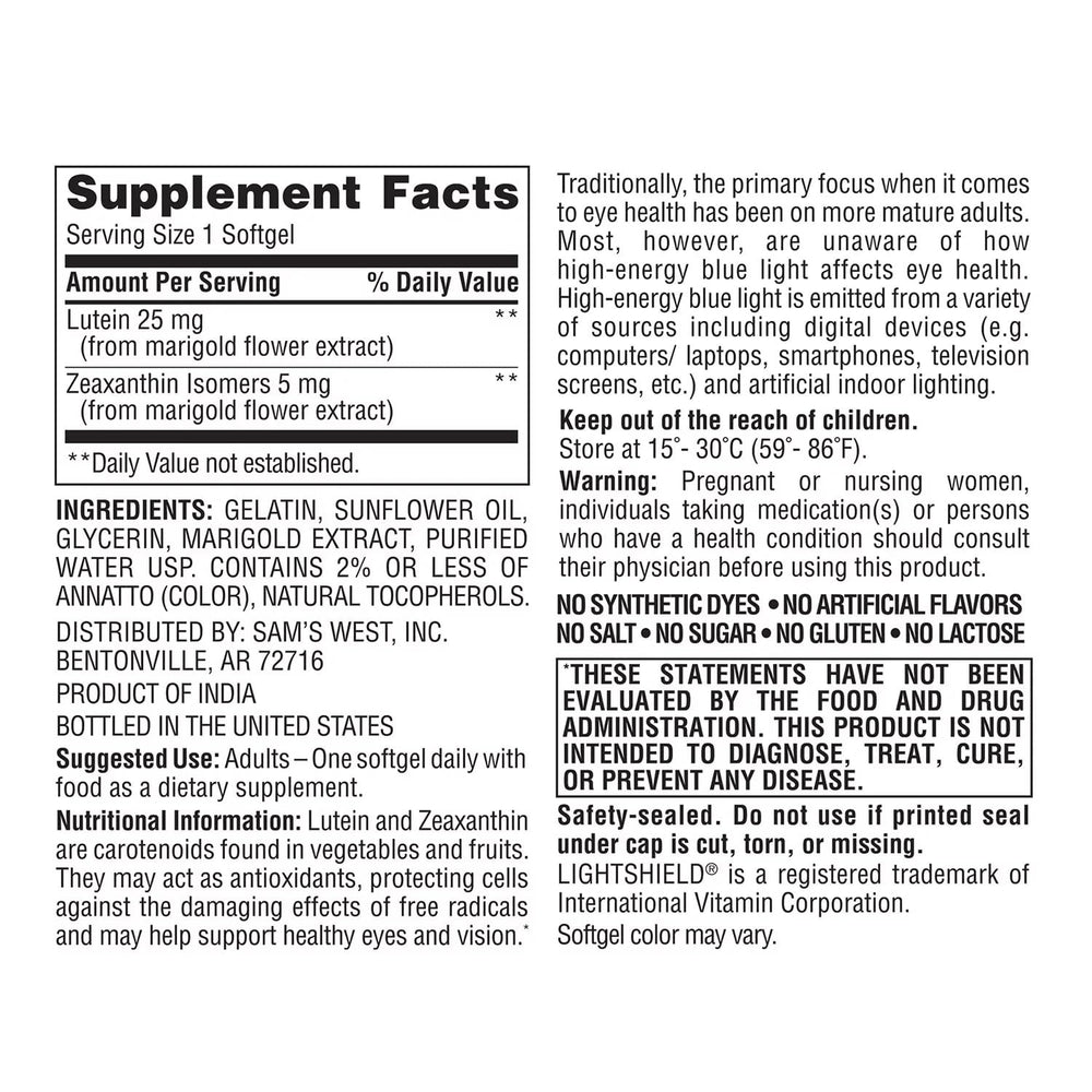 Graphic illustrates 25 mg lutein and 5 mg zeaxanthin per softgel for vision support