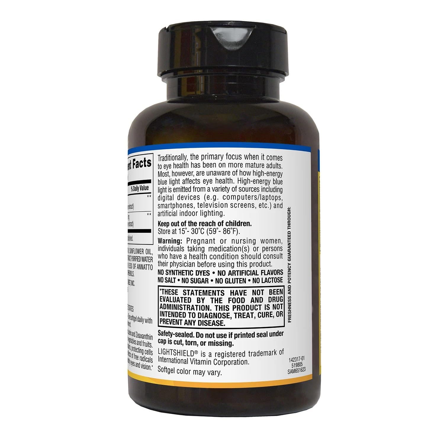 Product packaging shows gluten-free and no soy formula for Member's Mark lutein zeaxanthin supplement