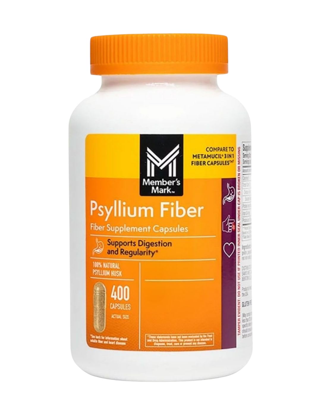Member's Mark psyllium husk capsules bottle front view highlighting daily fiber support