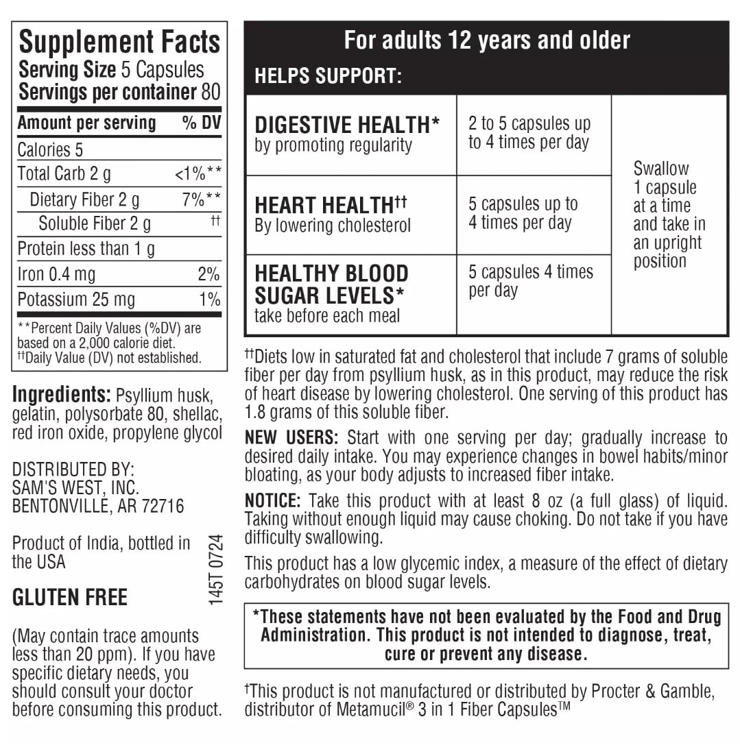 Member's Mark psyllium husk capsules label close-up shows natural fiber content