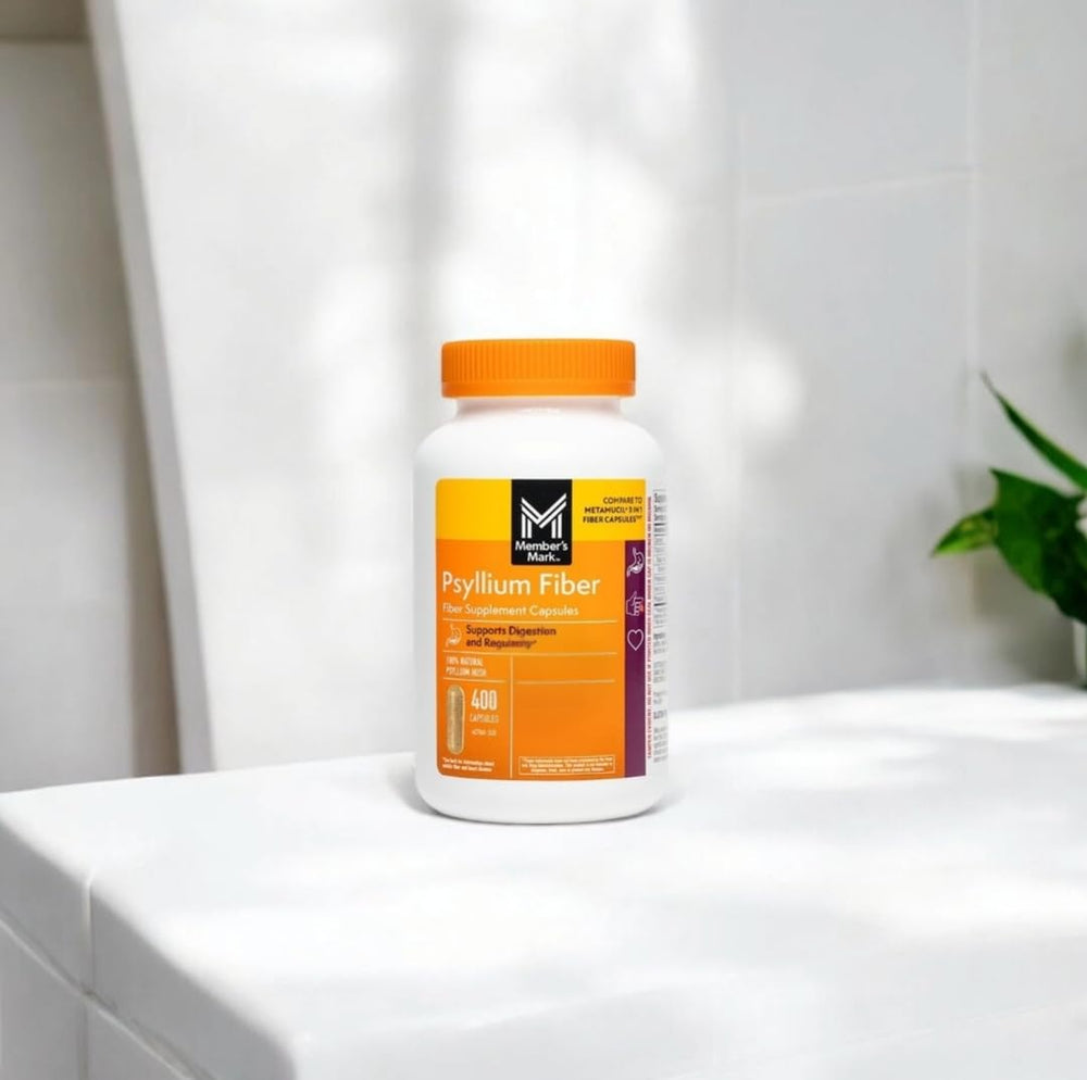 Member's Mark psyllium husk capsules spill on countertop showing daily routine usage
