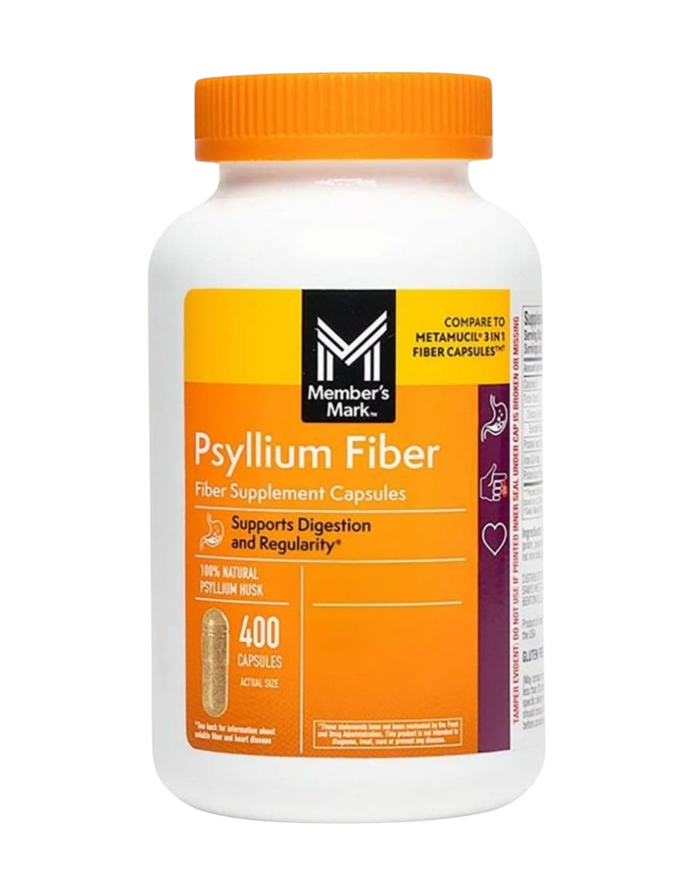 Member's Mark psyllium husk fiber capsules packaging box and bottle for digestible fiber