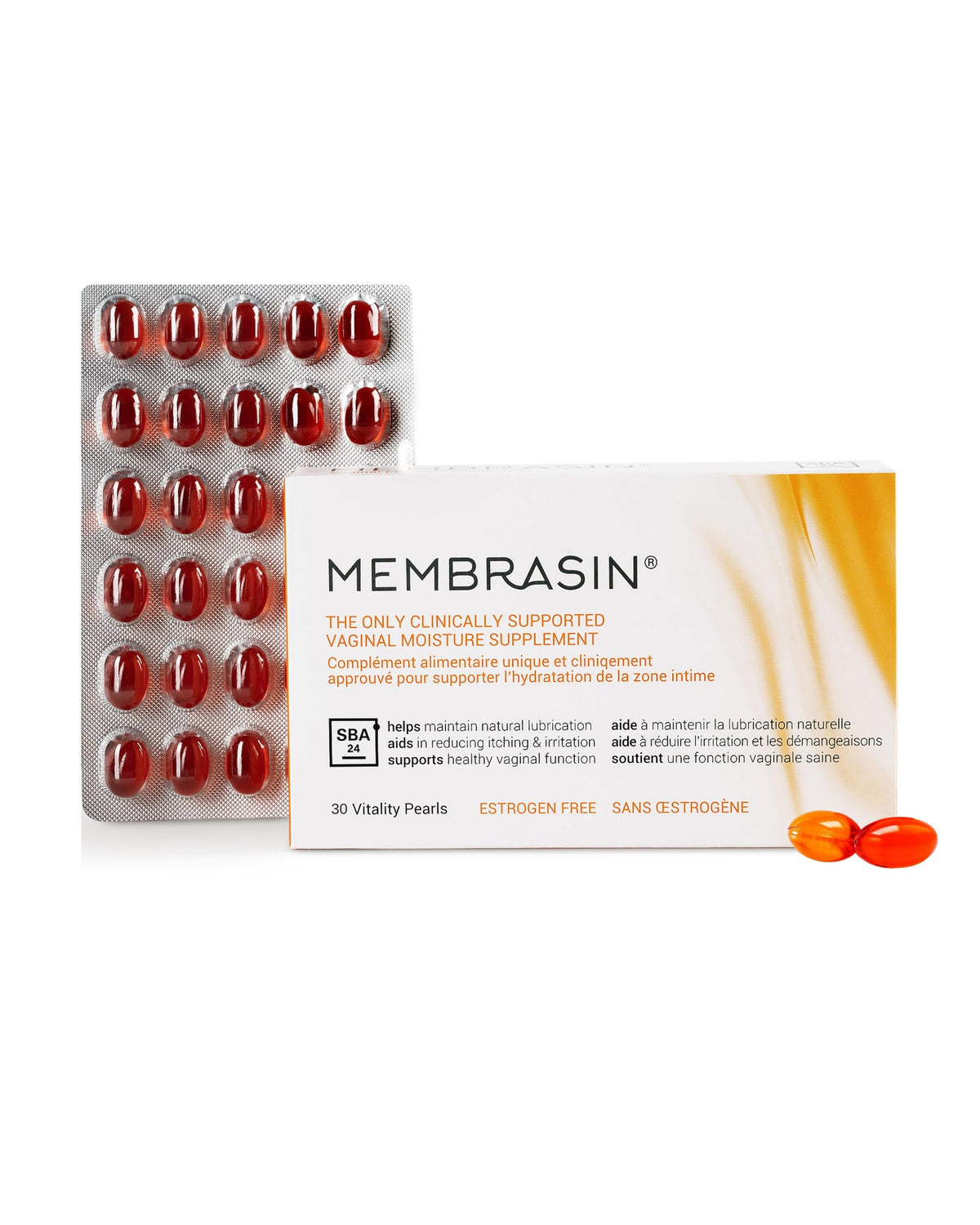 Membrasin Vitality Pearls bottle front illustrating daily hydration support for feminine wellness