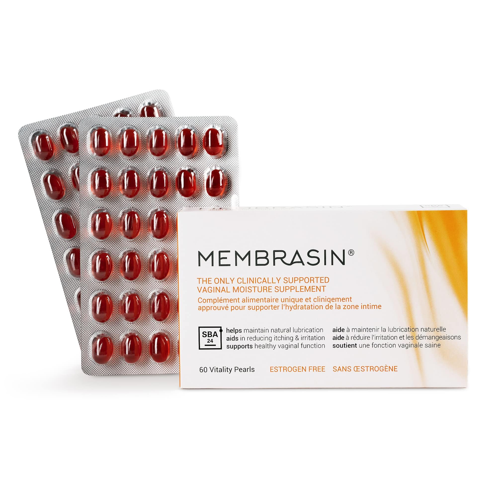 Membrasin Vitality Pearls closeup of softgels for daily hydration and comfort.