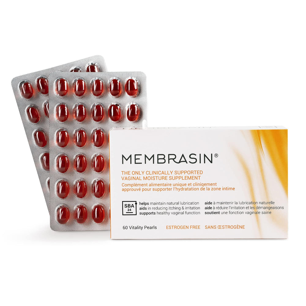 Membrasin Vitality Pearls closeup of softgels for daily hydration and comfort.