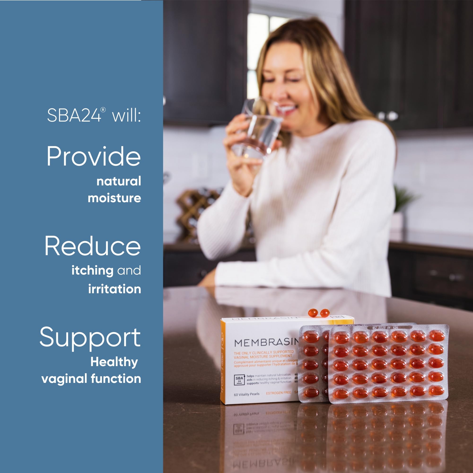 Membrasin Vitality Pearls capsule being swallowed, emphasizing easy daily hydration