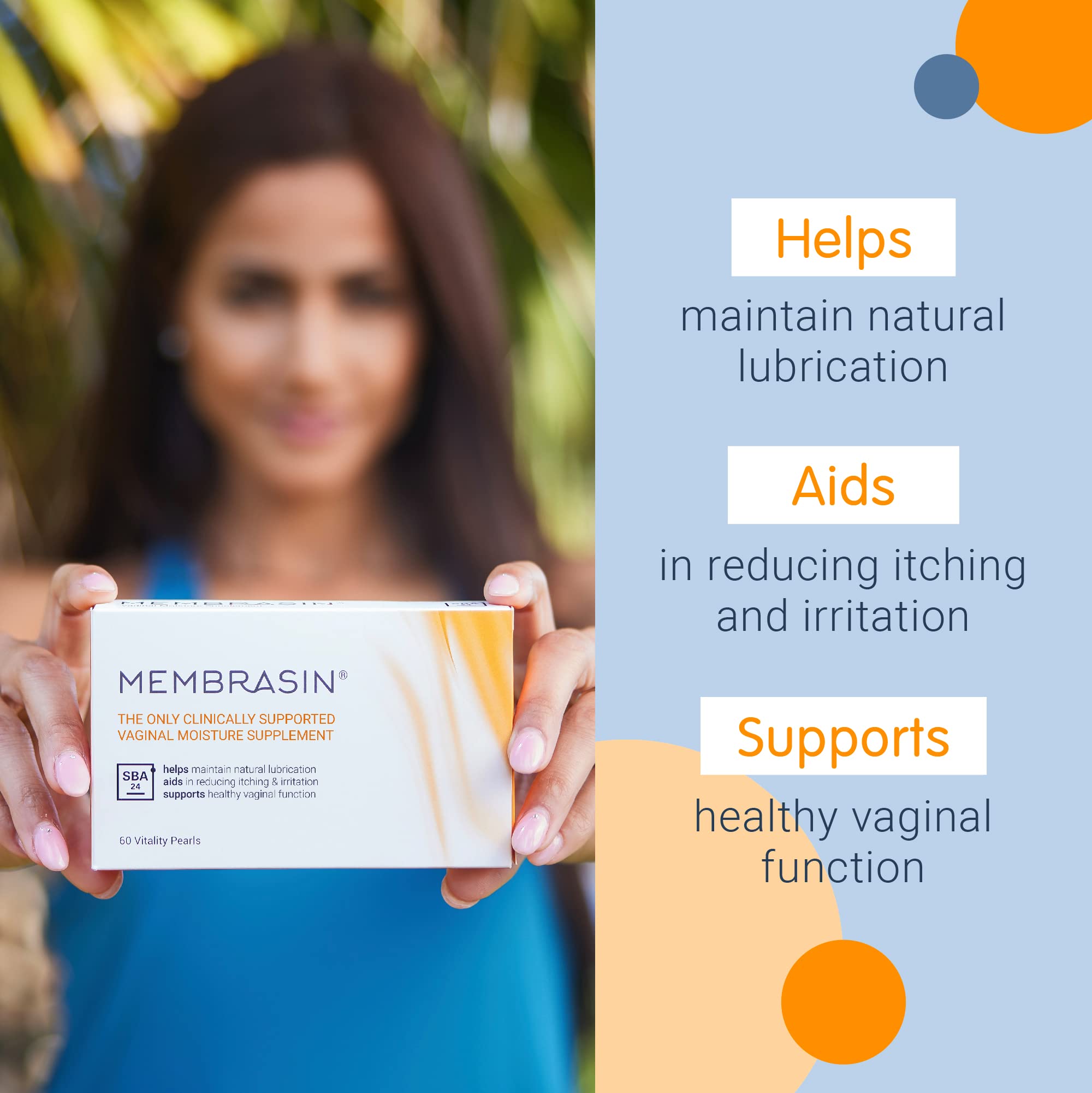 Membrasin Vitality Pearls box highlights 60 softgels for ongoing wellness.