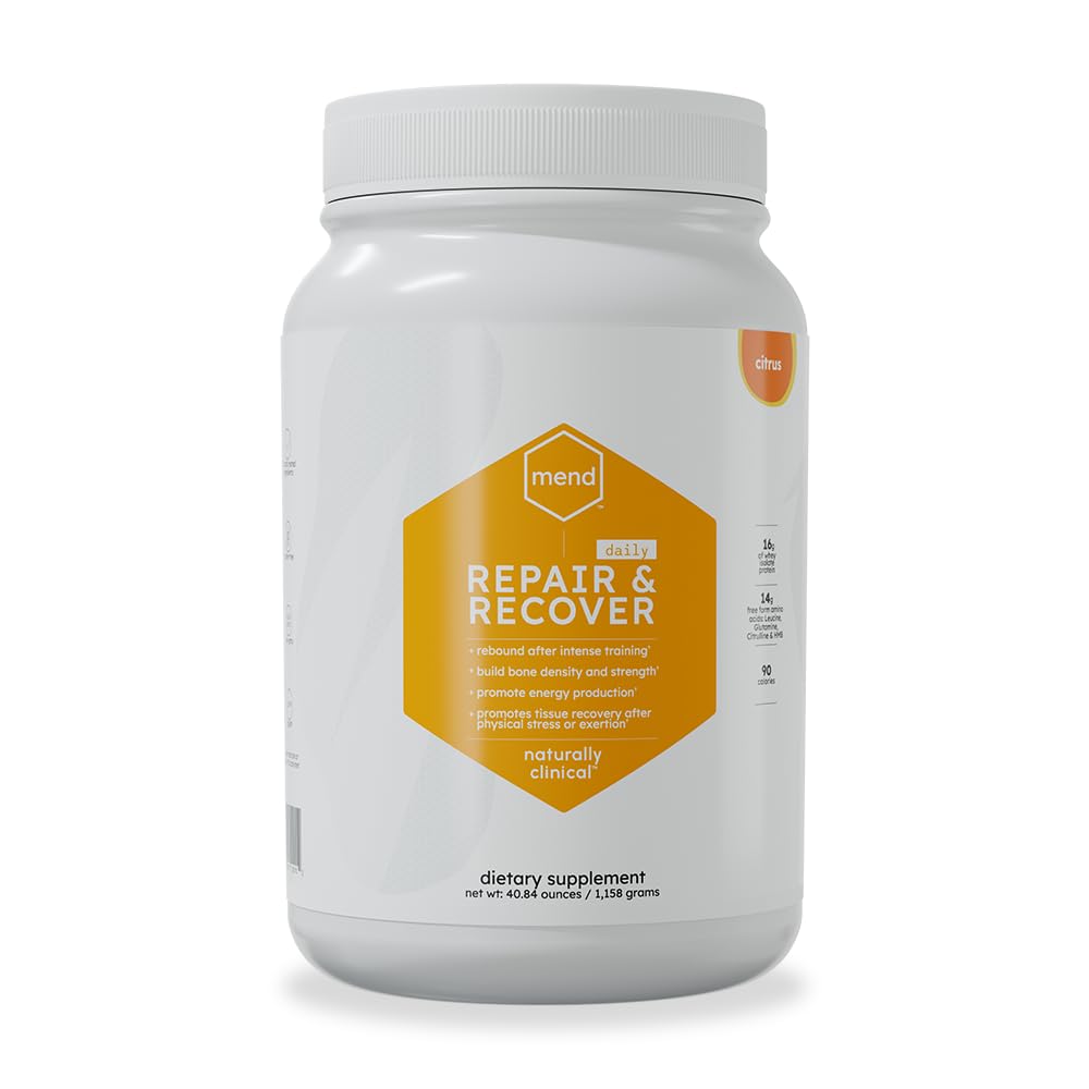 MEND Repair and Recover Citrus bottle demonstrates convenient bone support protein powder.