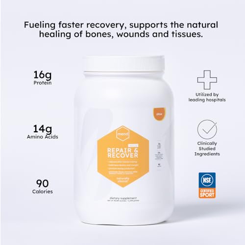 MEND Repair and Recover Citrus scoop shows easy to mix protein for recovery support.
