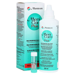 Menicare MeniCare Plus 250ml bottle close-up, promoting eased application and lens comfort.