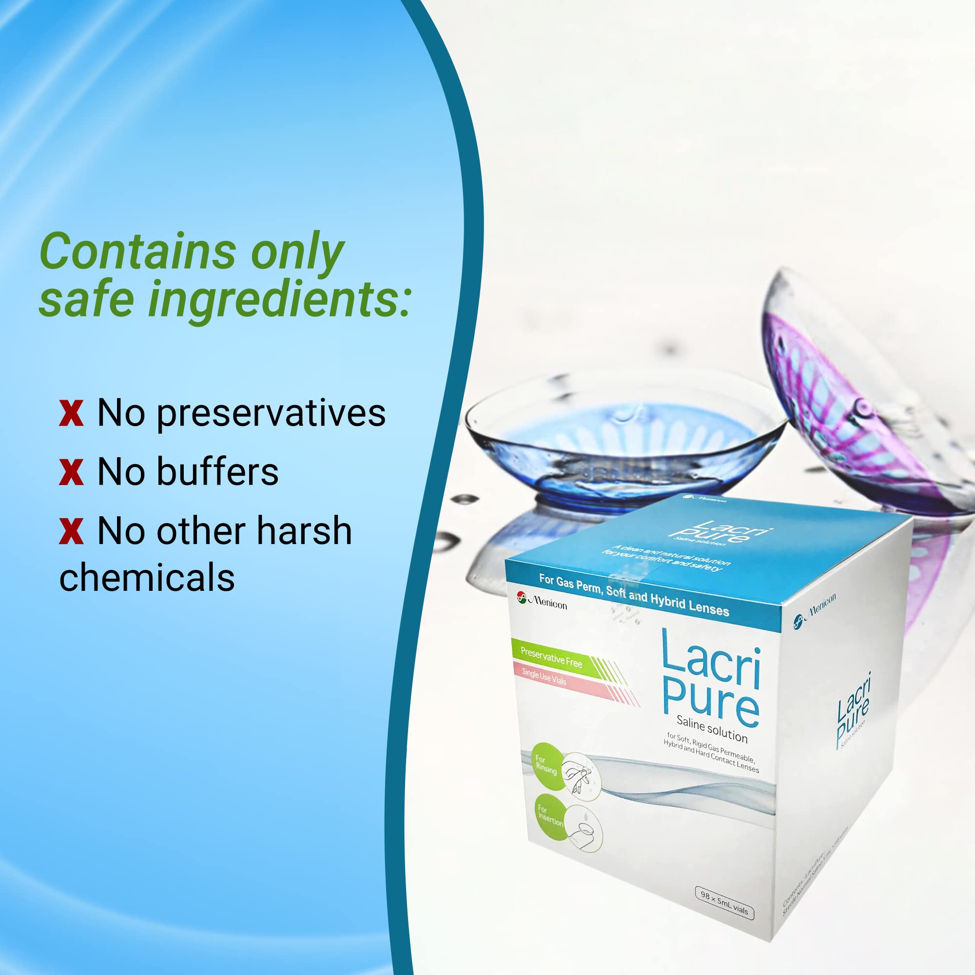 Menicon LacriPure bottle label zoom emphasized for everyday use.
