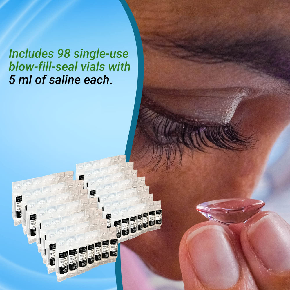 Menicon LacriPure insertion-ready solution shown beside contact lenses.