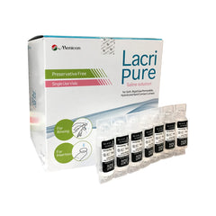 Menicon LacriPure saline bottle closeup shows gentle lens rinse for safe insertion.