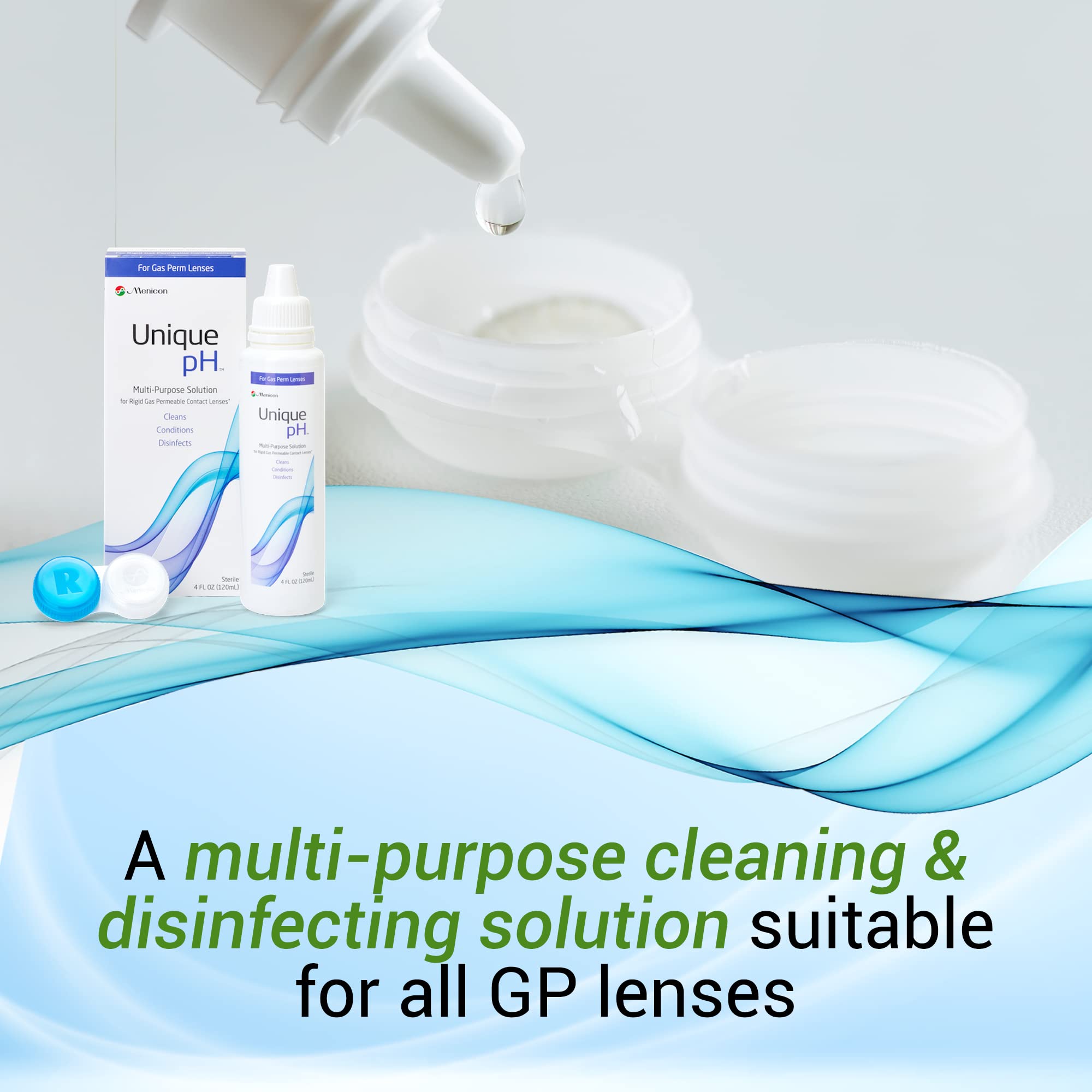 Menicon Unique pH bottle pour illustrating convenient daily lens care.