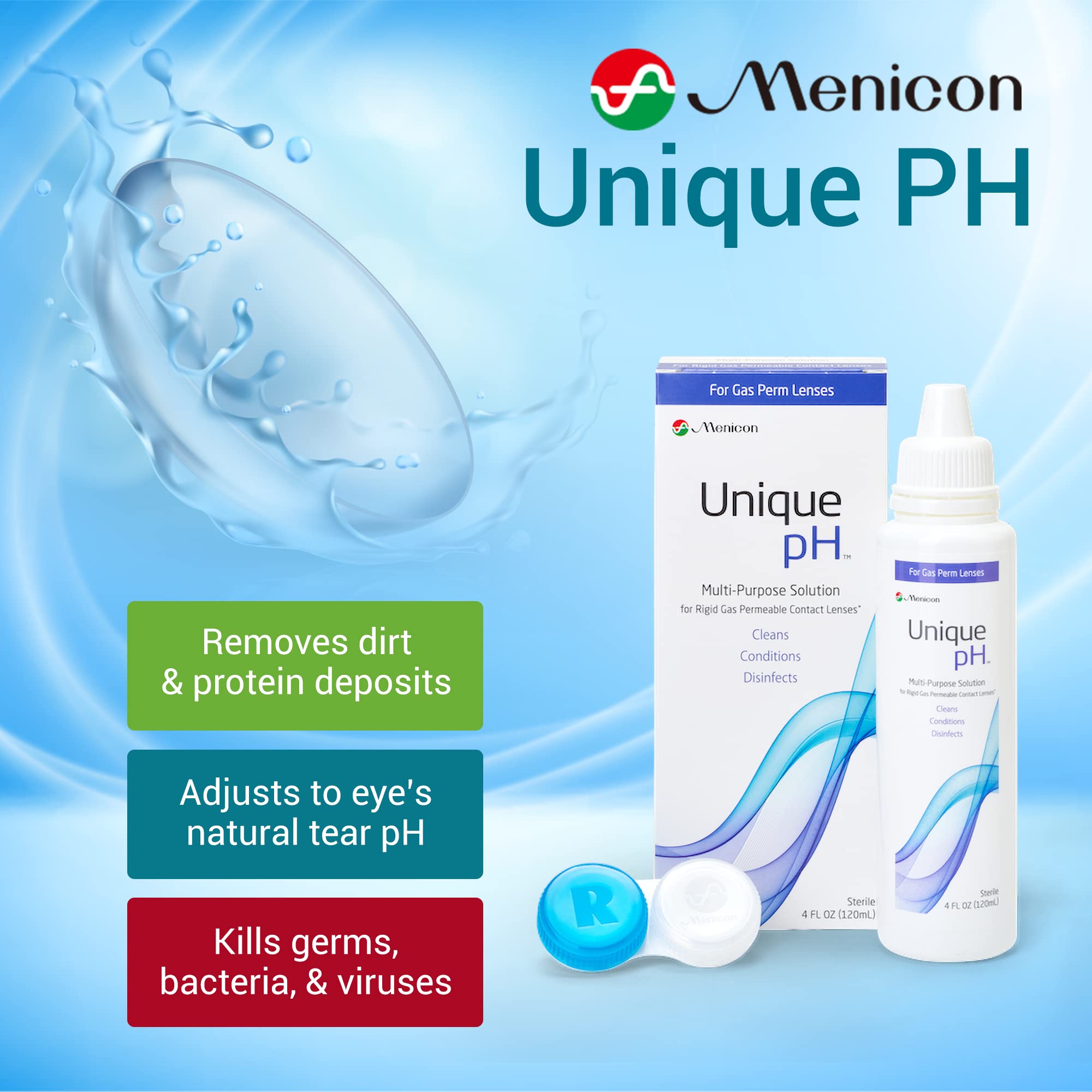 Menicon Unique pH lens case with solution ready for cleaning and storage.