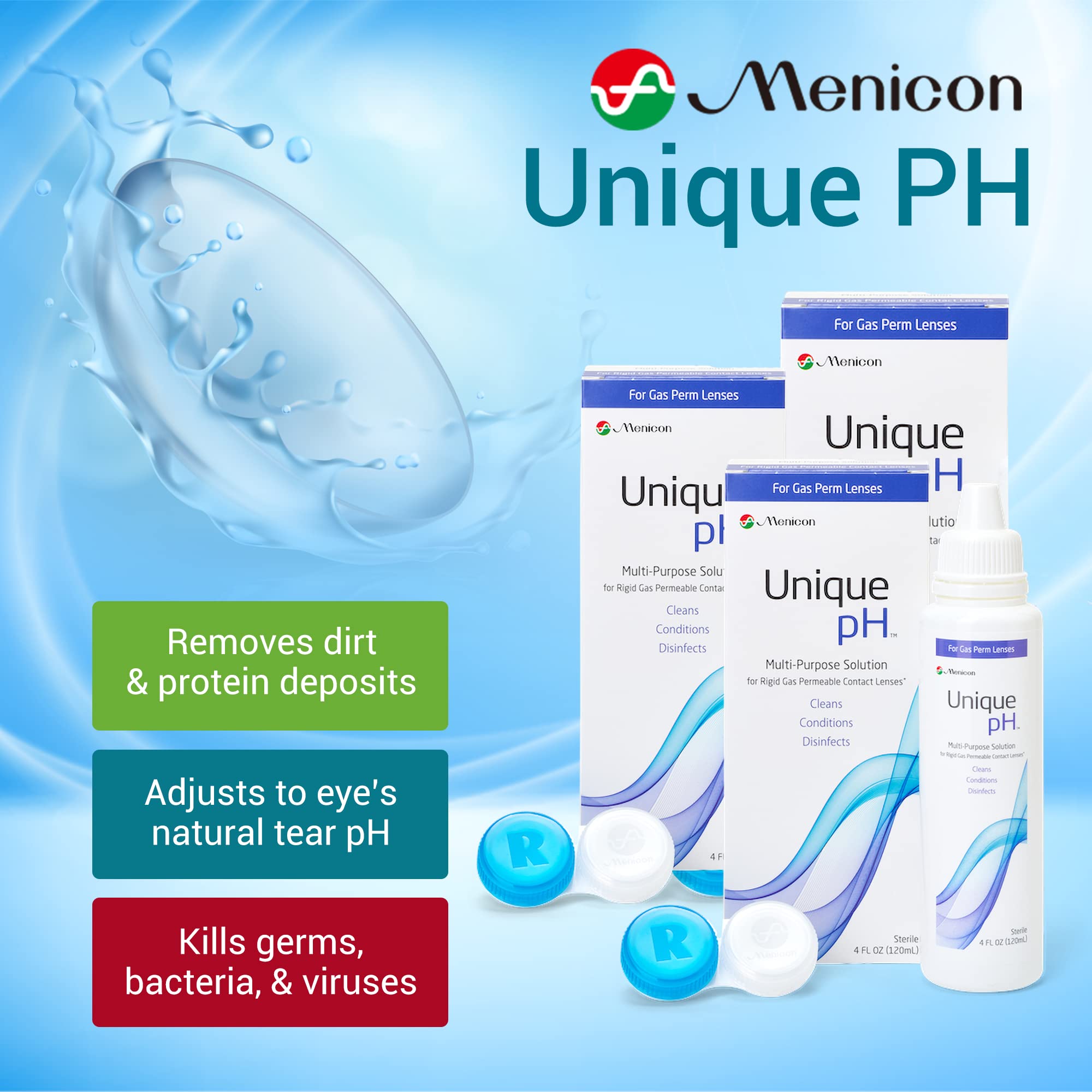 Close-up of Menicon Unique pH bottle showing travel-friendly compact design for on-the-go cleaning.