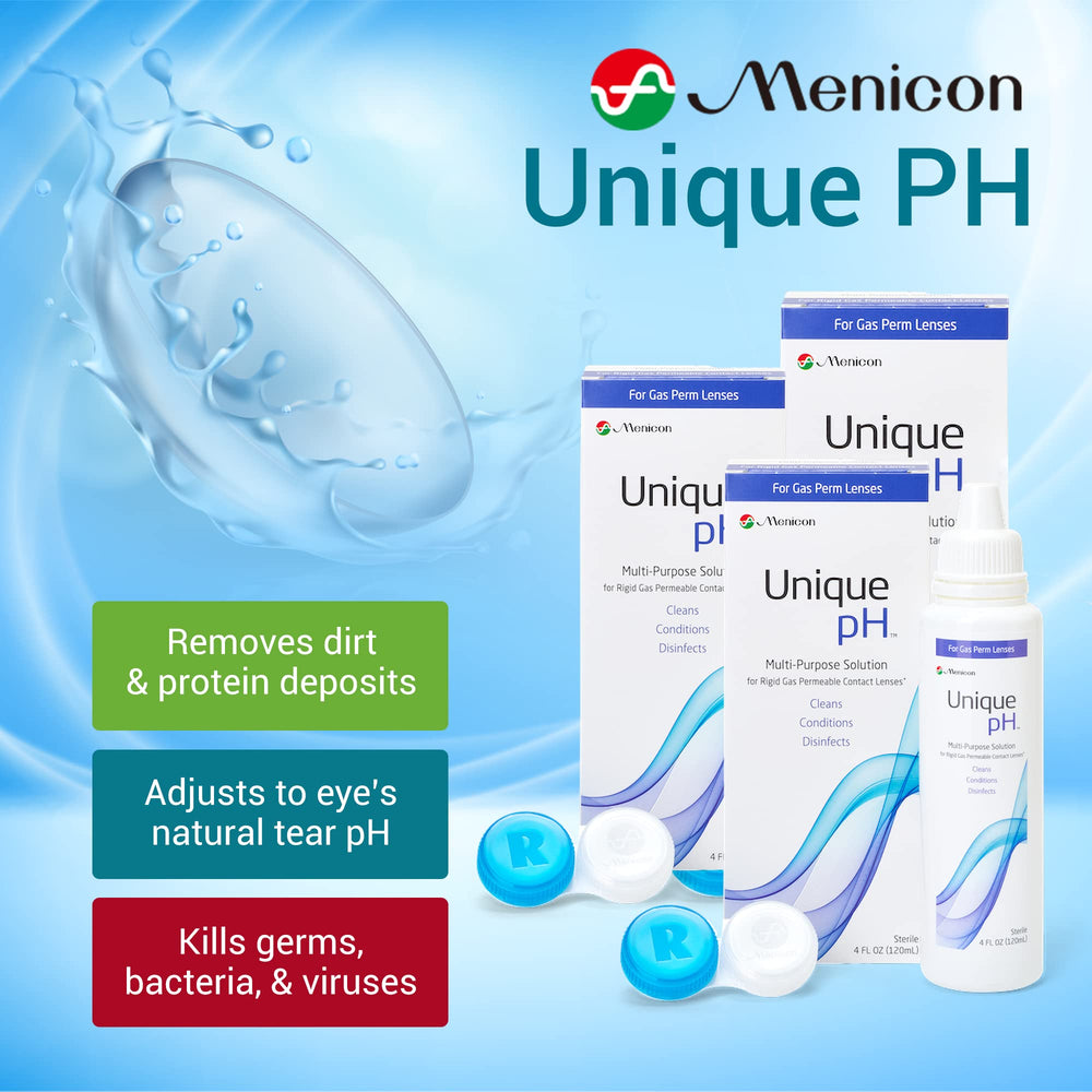 Close-up of Menicon Unique pH bottle showing travel-friendly compact design for on-the-go cleaning.