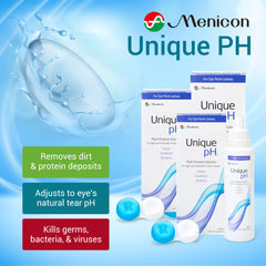 Close-up of Menicon Unique pH bottle showing travel-friendly compact design for on-the-go cleaning.