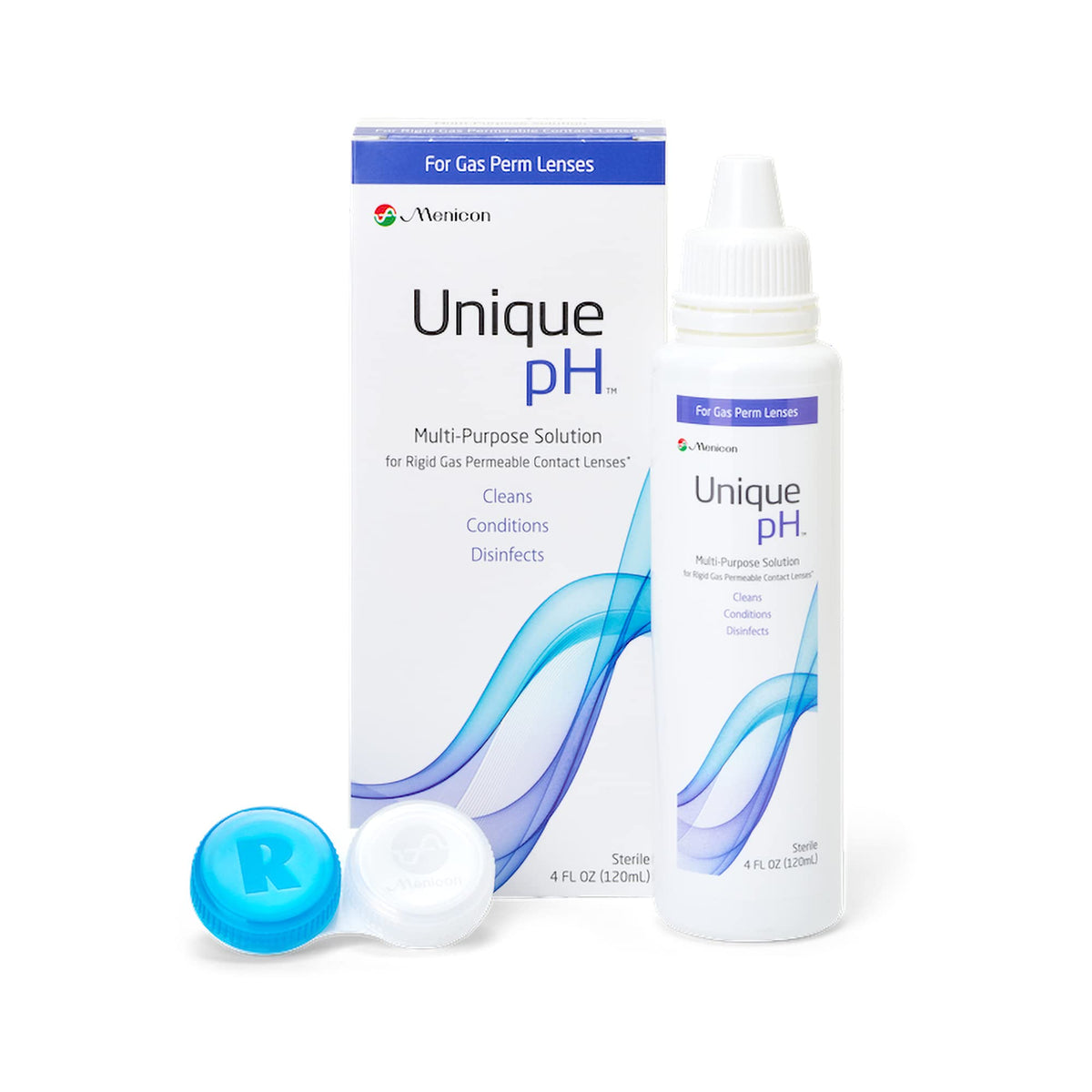 Menicon Unique pH multi-purpose solution bottle close-up showing balanced lens care.