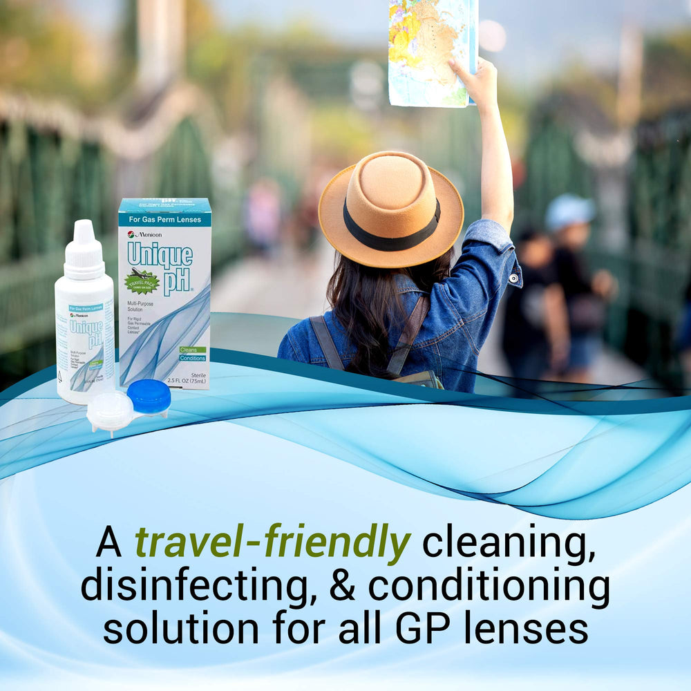 Menicon Unique pH travel pack cap shown for secure, travel-friendly use.