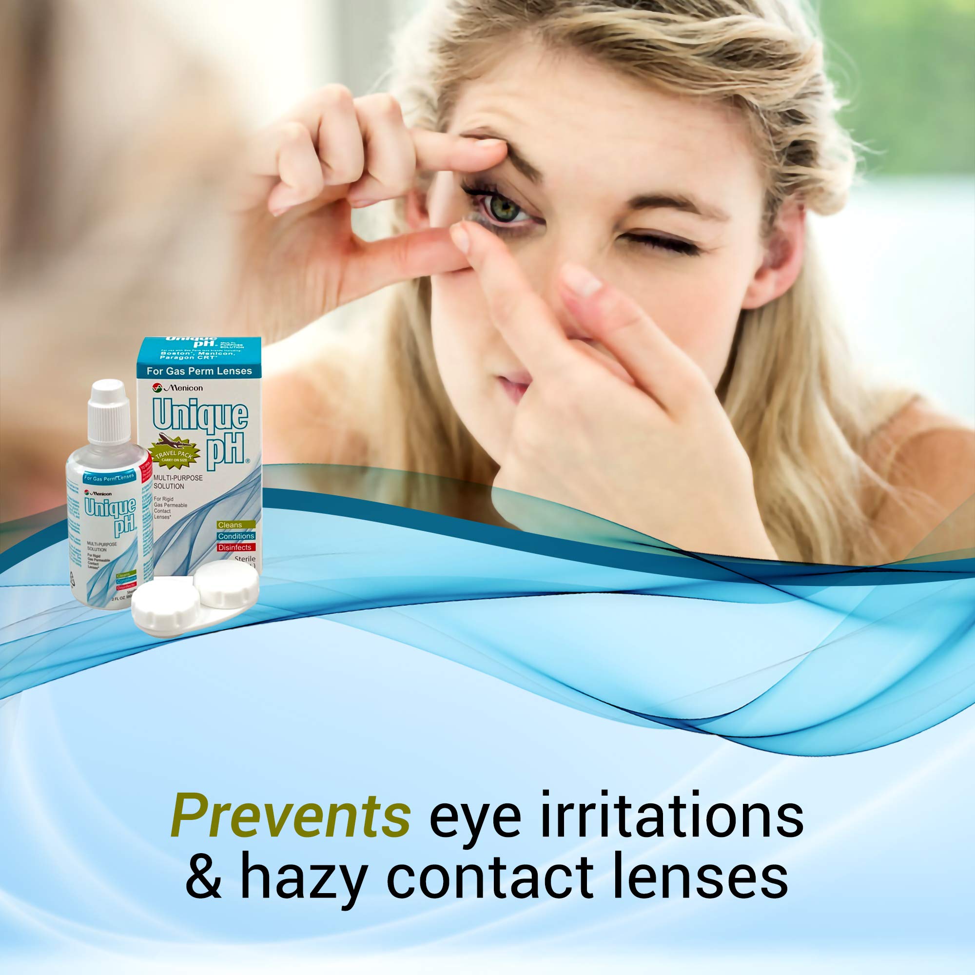 Menicon Unique pH travel pack dispensing action for easy lens cleaning.