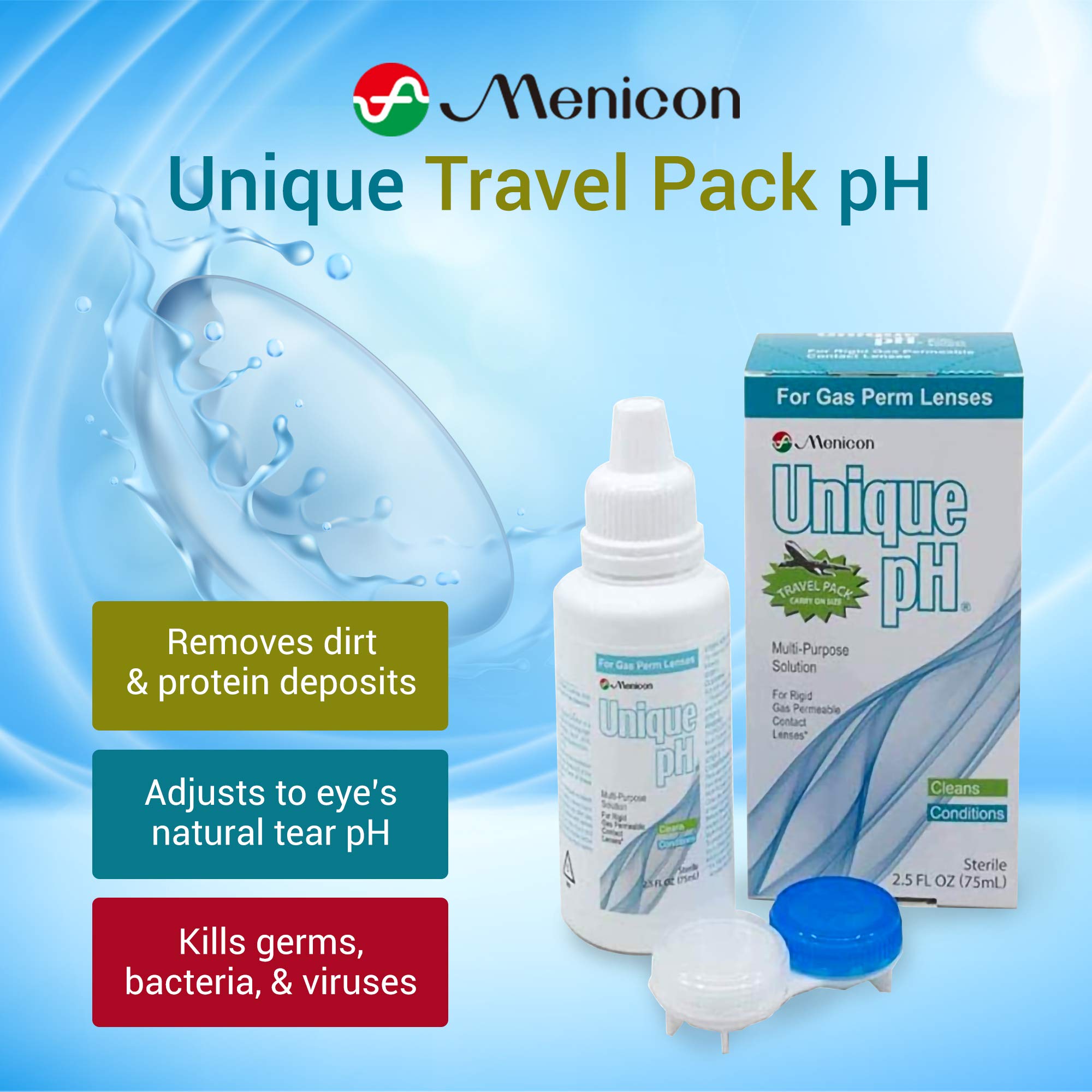 Menicon Unique pH travel pack label close-up for quick product verification.