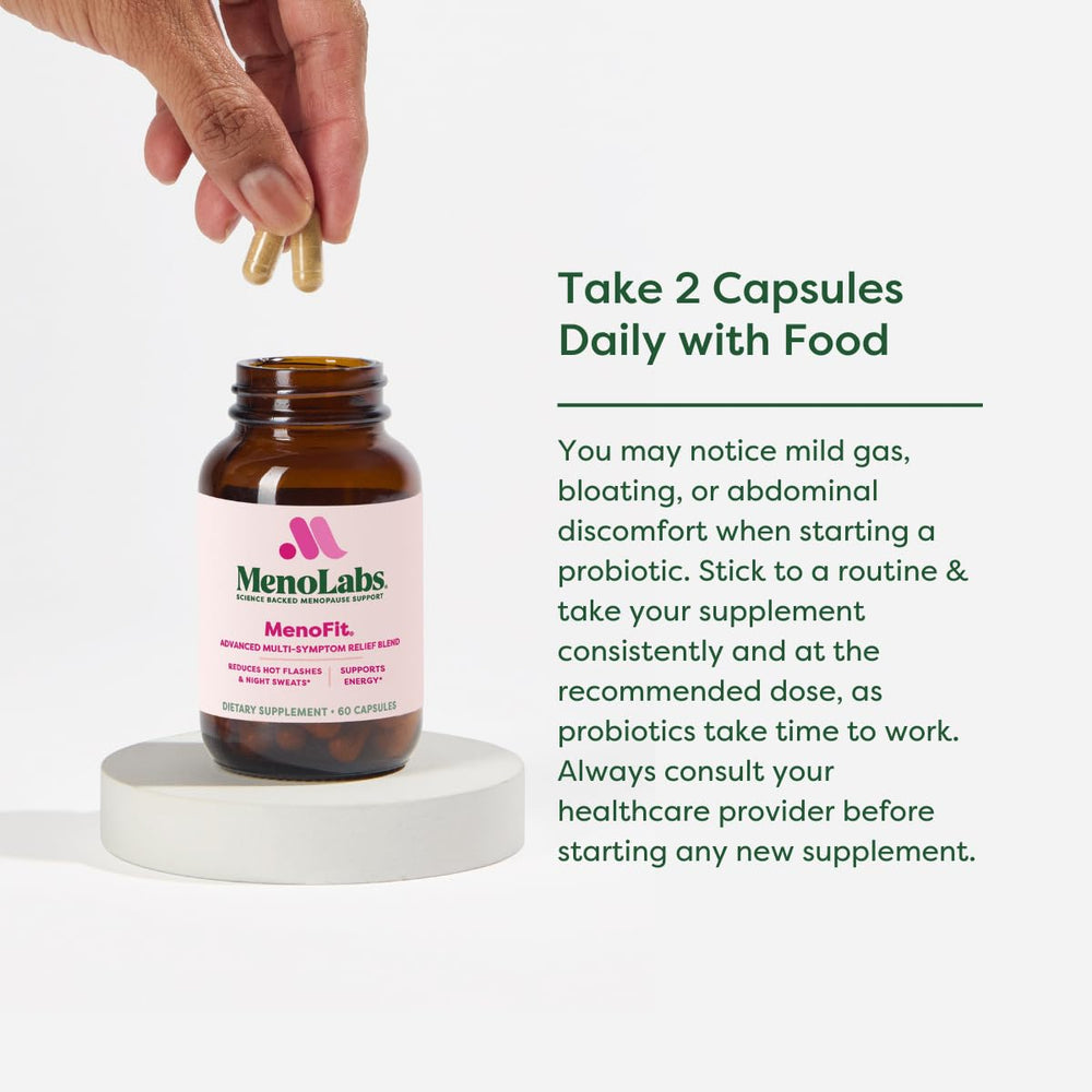 MENOLABS MenoFit label closeup, highlights red clover and probiotic blend