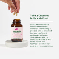MENOLABS MenoFit label closeup, highlights red clover and probiotic blend