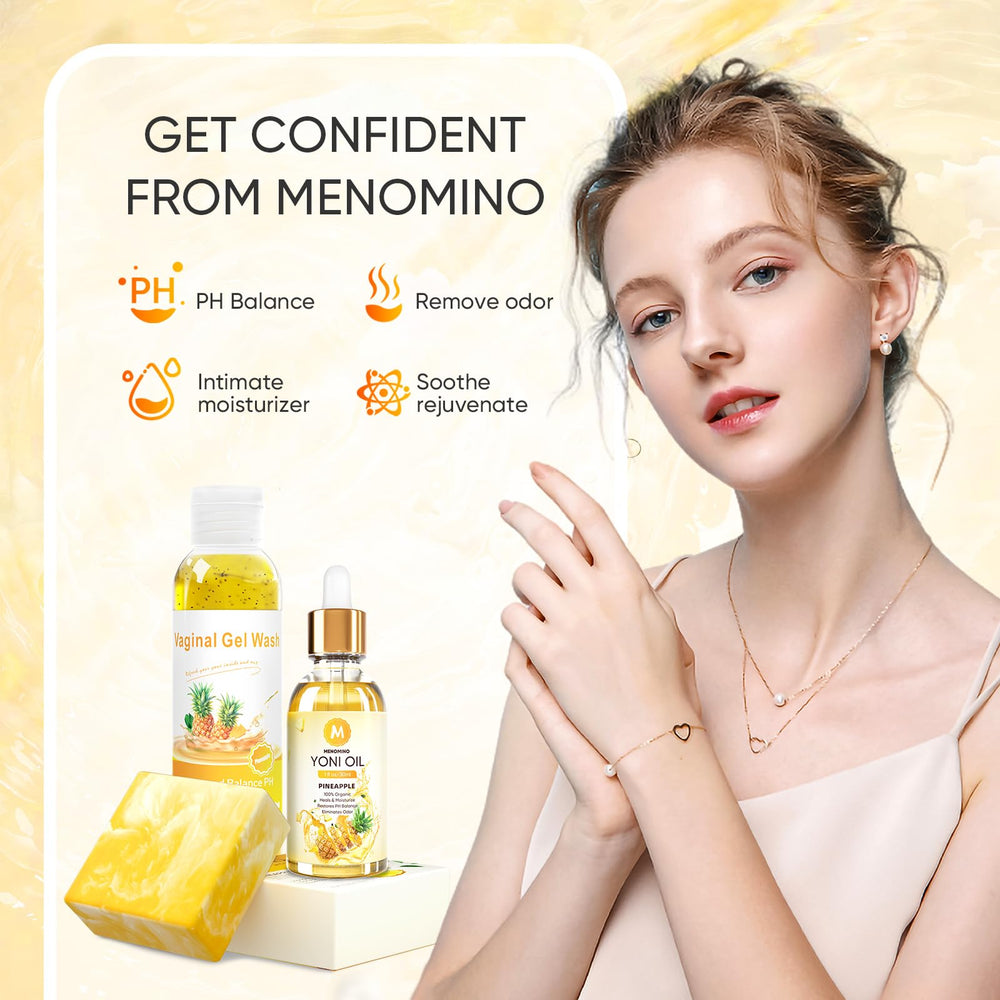 Menomino feminine wash packaging showing a complete intimate care routine