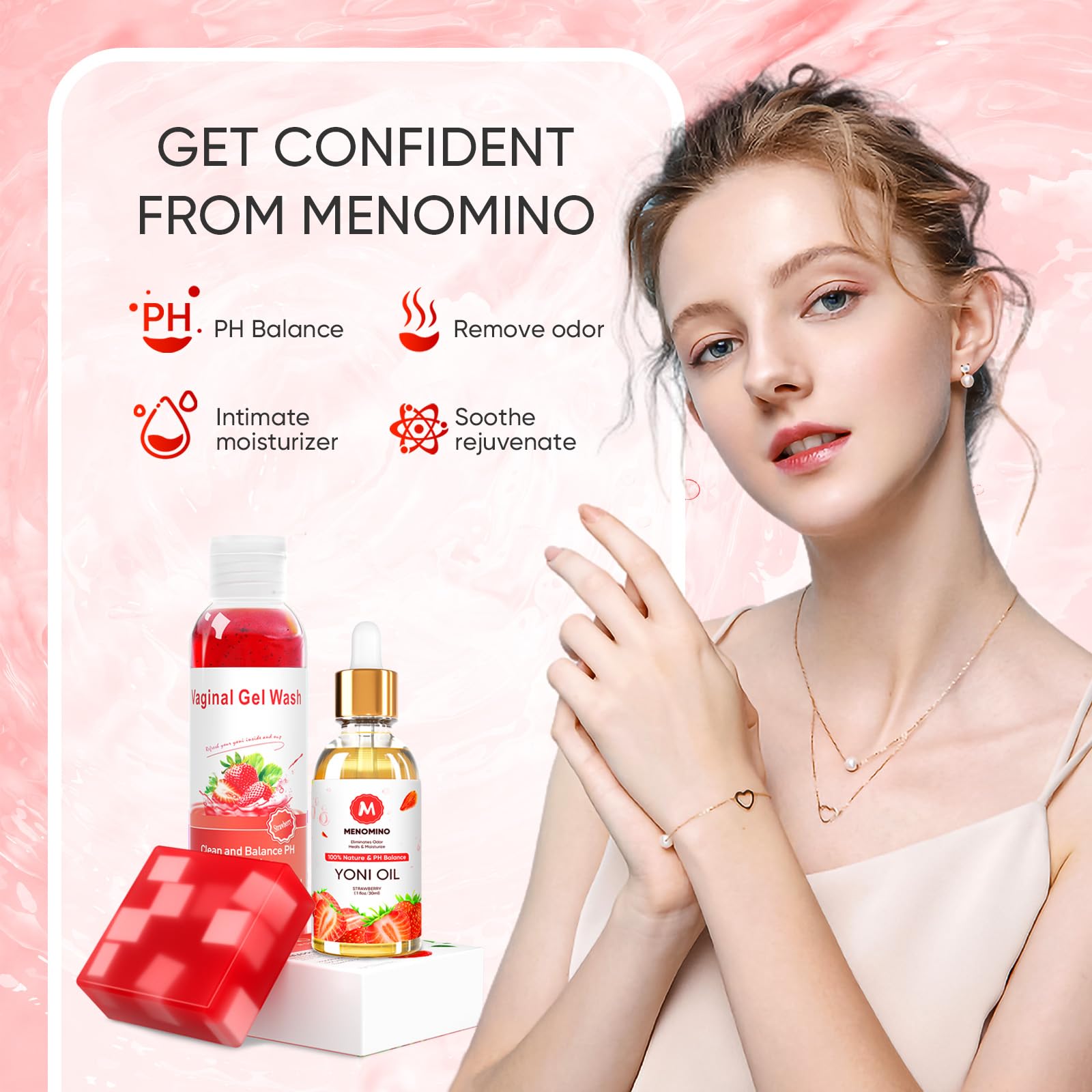 MENOMINO fragrance-free formulation emphasized for safe use on sensitive areas.