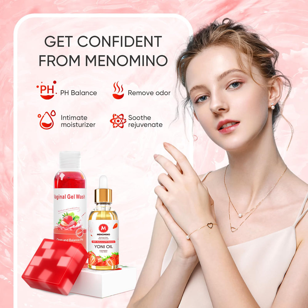 MENOMINO fragrance-free formulation emphasized for safe use on sensitive areas.