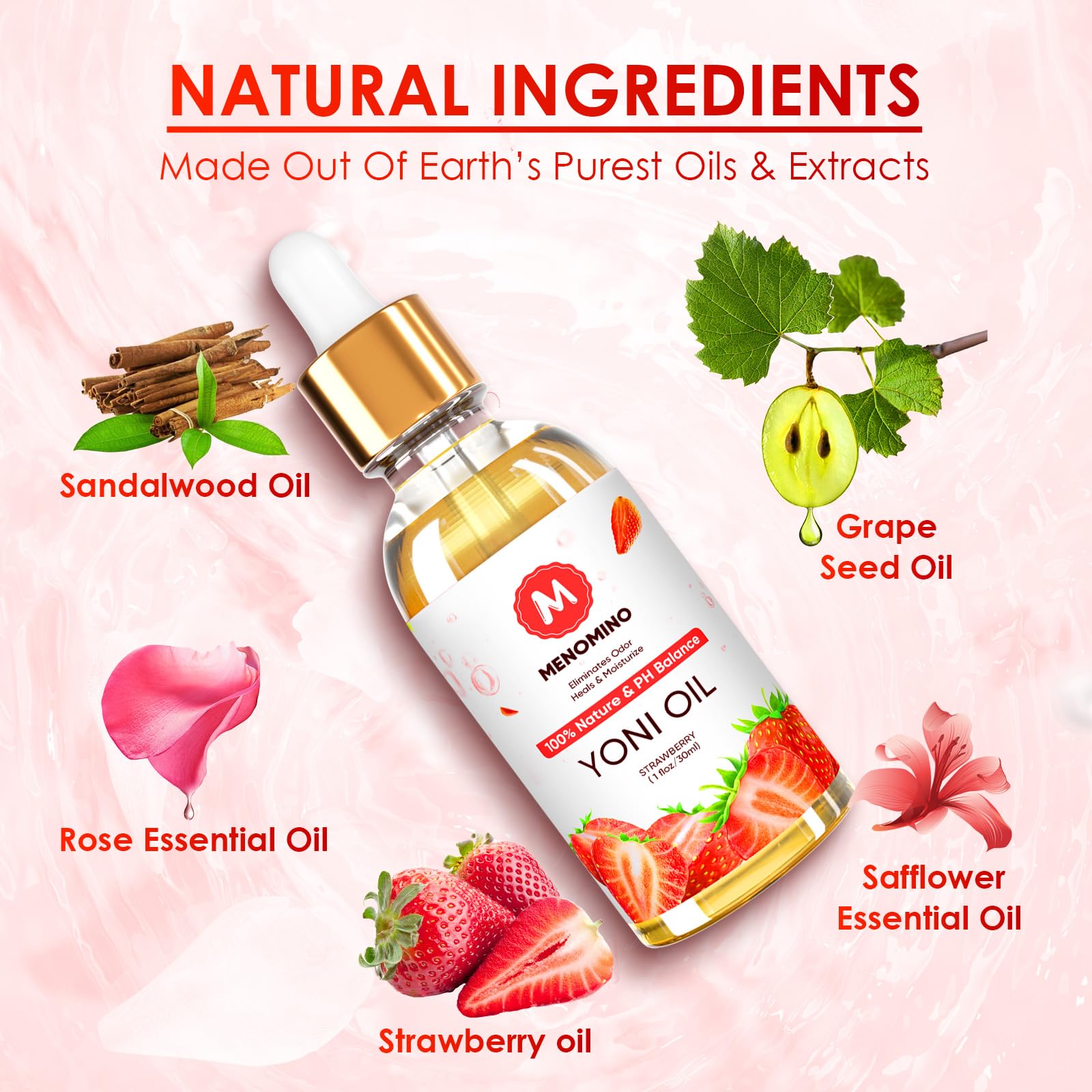 Rose oil-powered care scene with bottle and petals