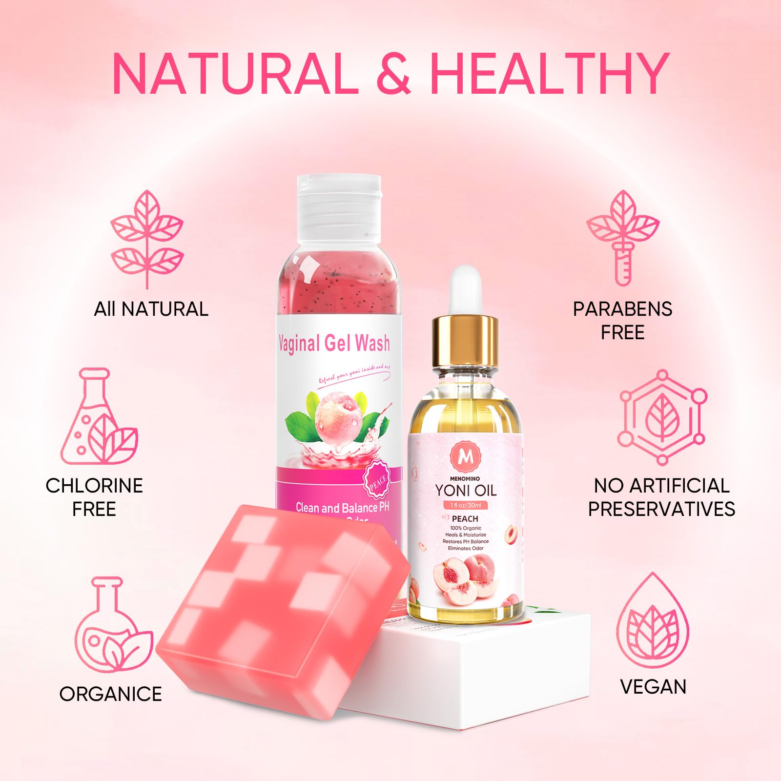 Menomino peach yoni bar image highlighting moisturizing cleanse for sensitive areas.