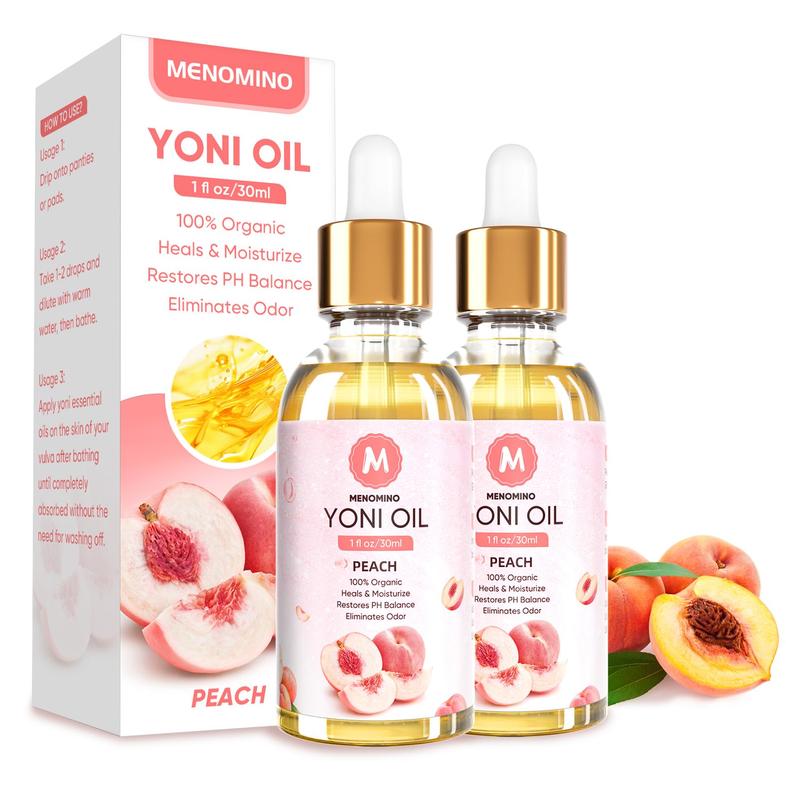 MENOMINO Yoni Oil Peach Bottle Pour shows quick absorption and discreet routine.