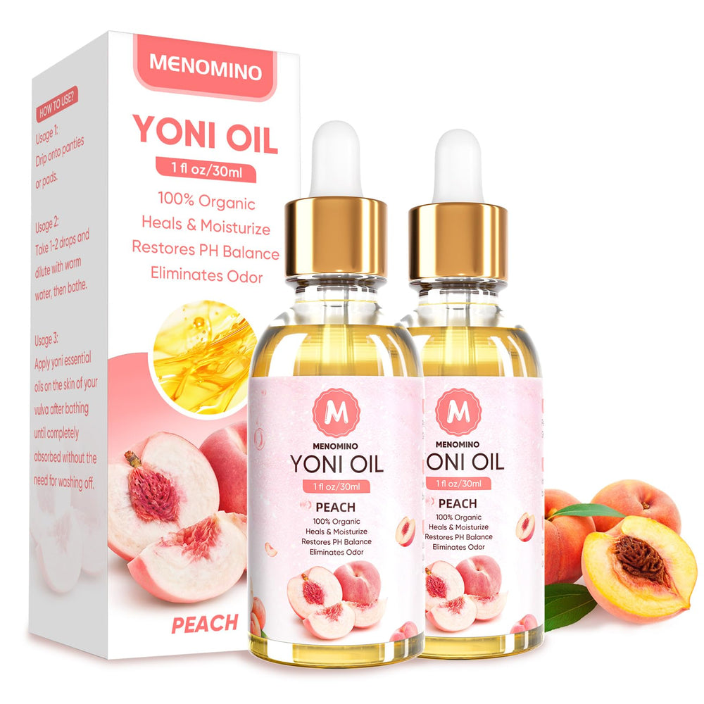 MENOMINO Yoni Oil Peach Bottle Pour shows quick absorption and discreet routine.