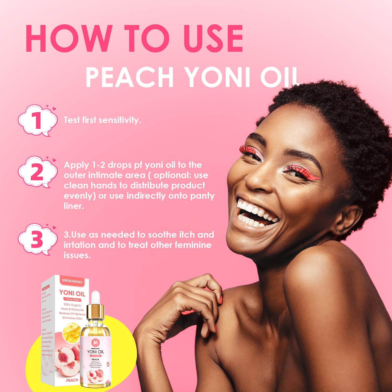 MENOMINO Yoni Oil Peach Essence close-up emphasizes natural fragrance.