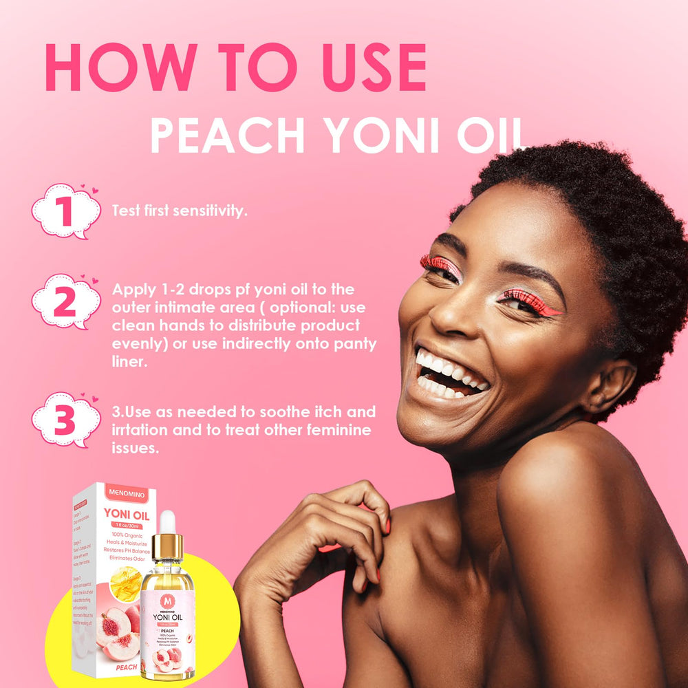 MENOMINO Yoni Oil Peach Essence close-up emphasizes natural fragrance.