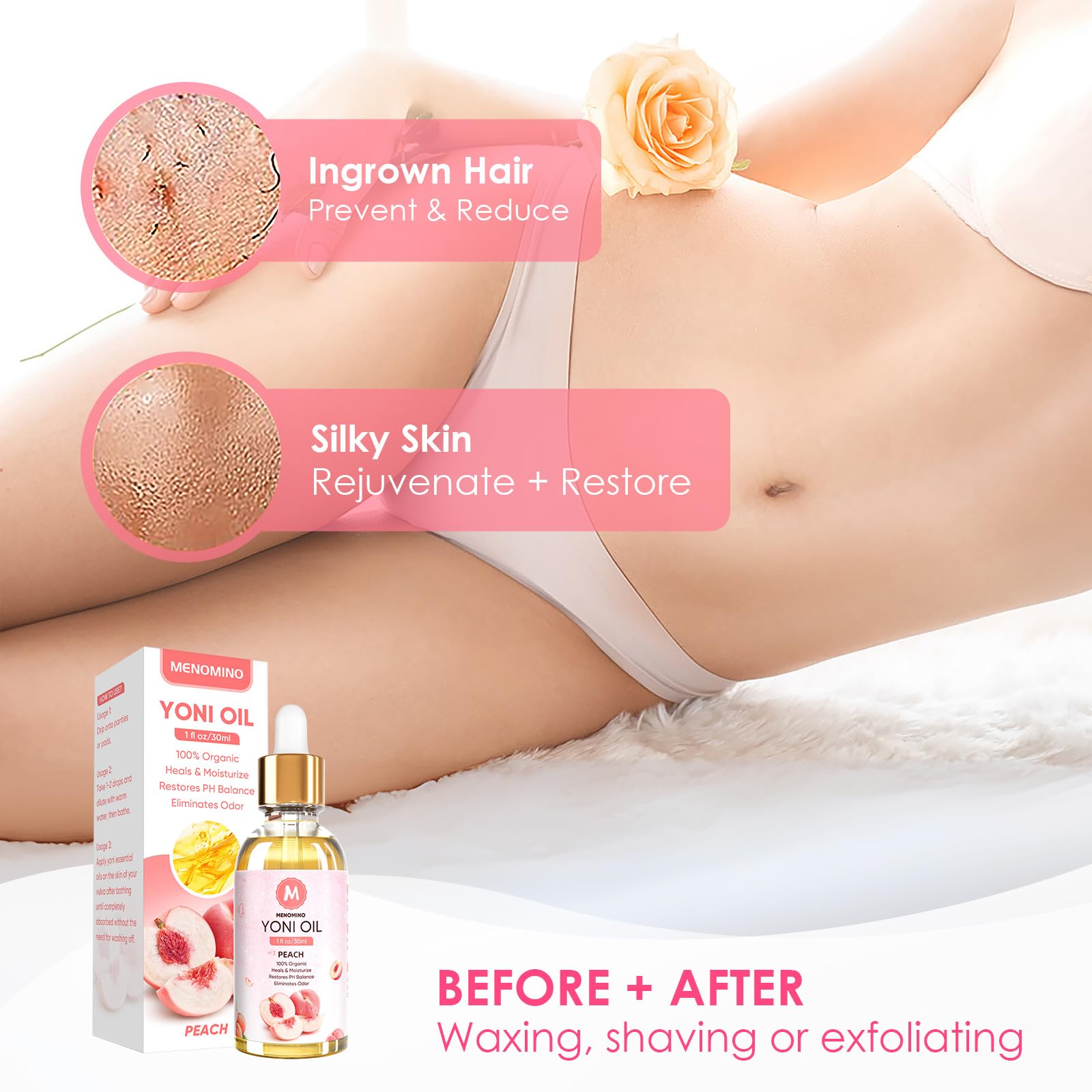 MENOMINO Yoni Oil Rose Oil Ingredient focuses on gentle skin compatibility.