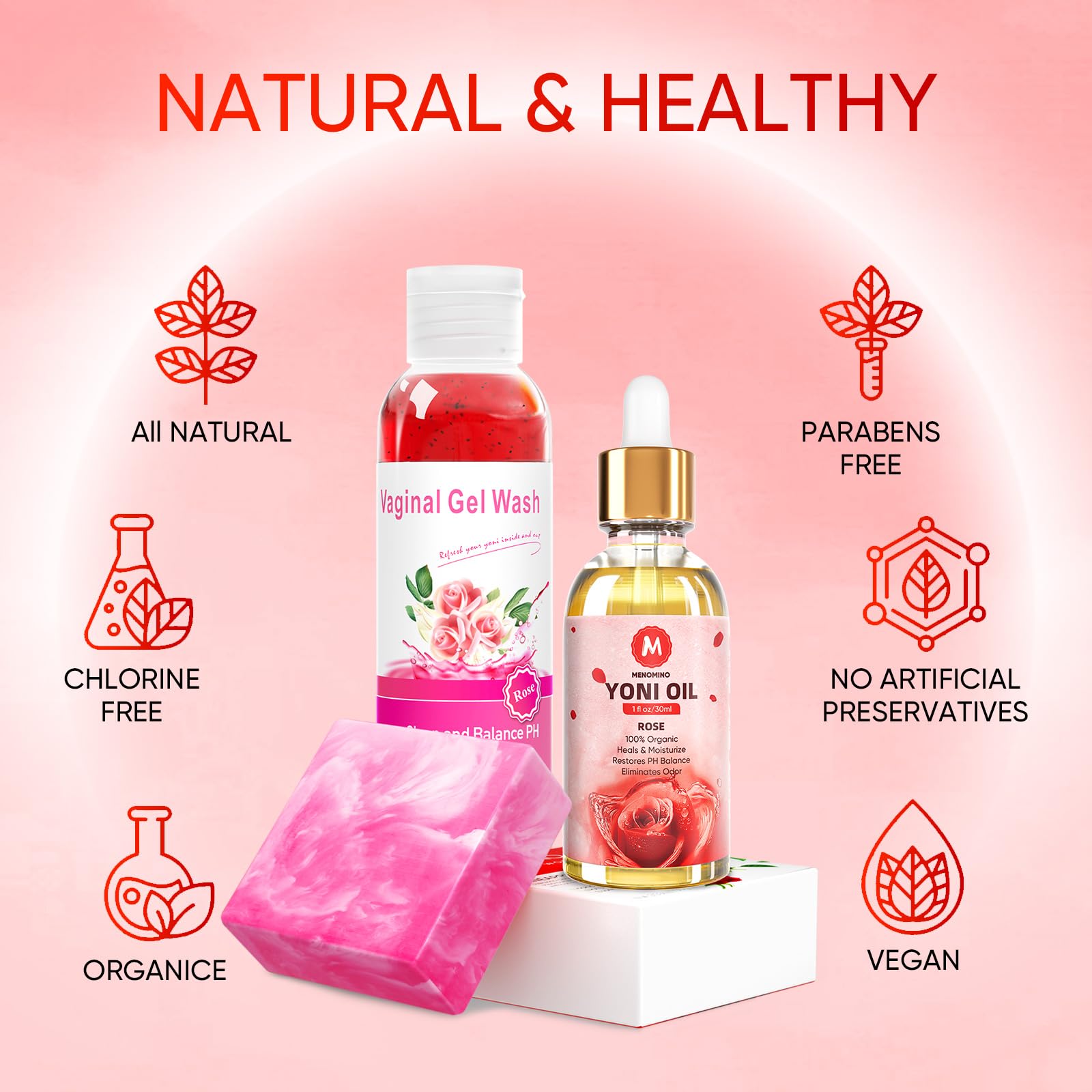 Menomino yoni soap bar rose-scent cleanses while soothing sensitive skin.