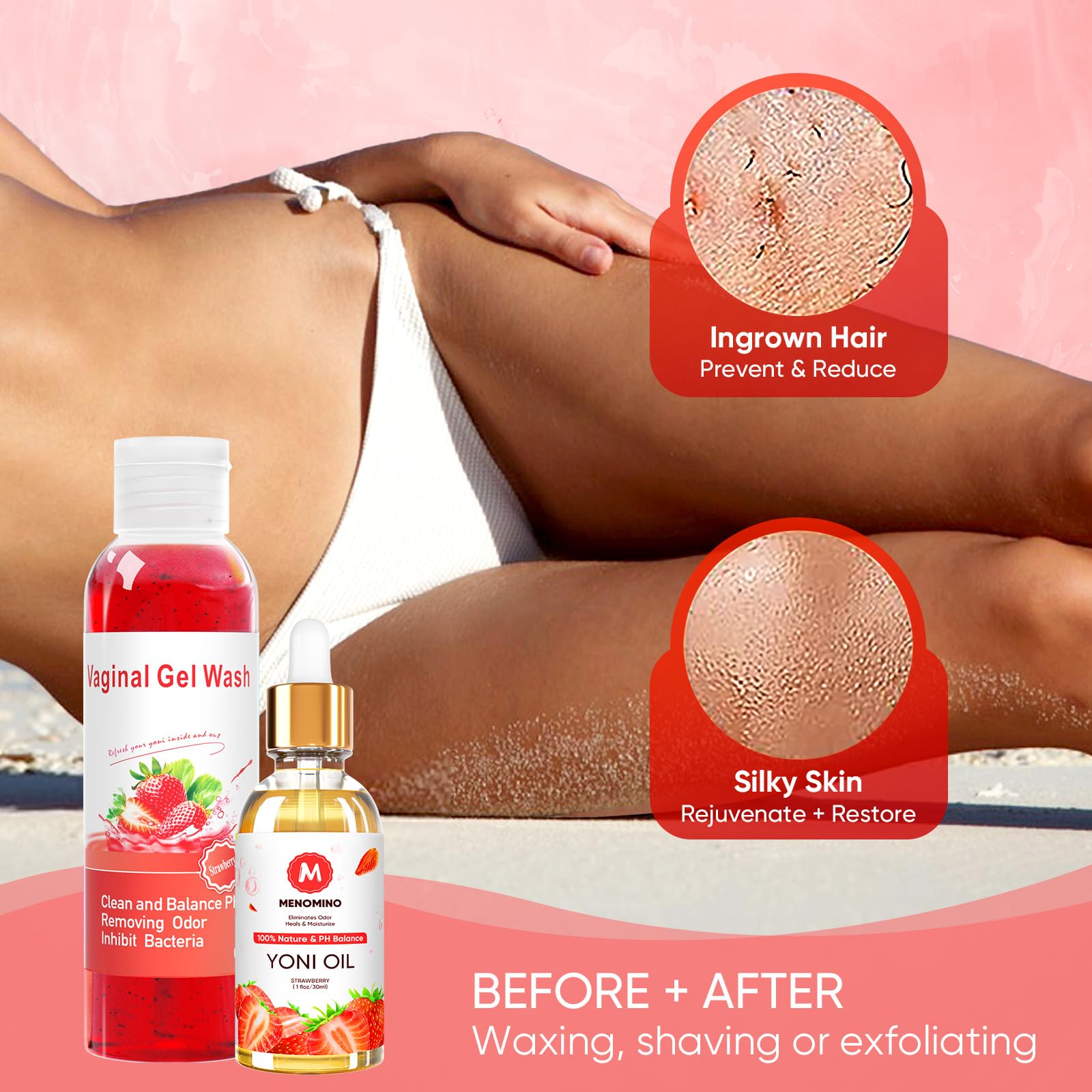 MENOMINO yoni wash with pH balance illustration suggesting gentle, balanced care.