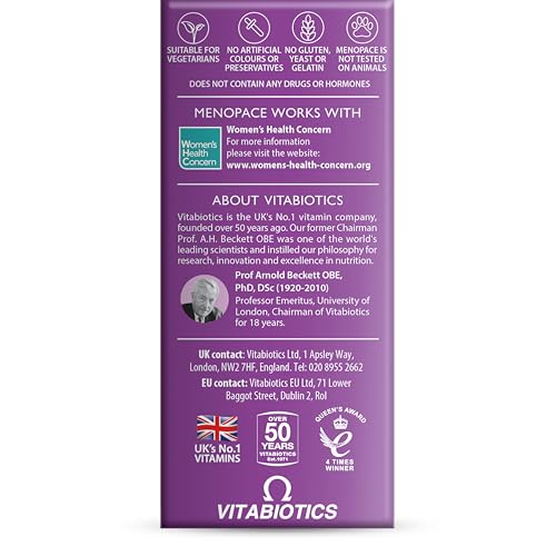Bottle and box packaging shows trusted Vitabiotics branding for menopausal support.