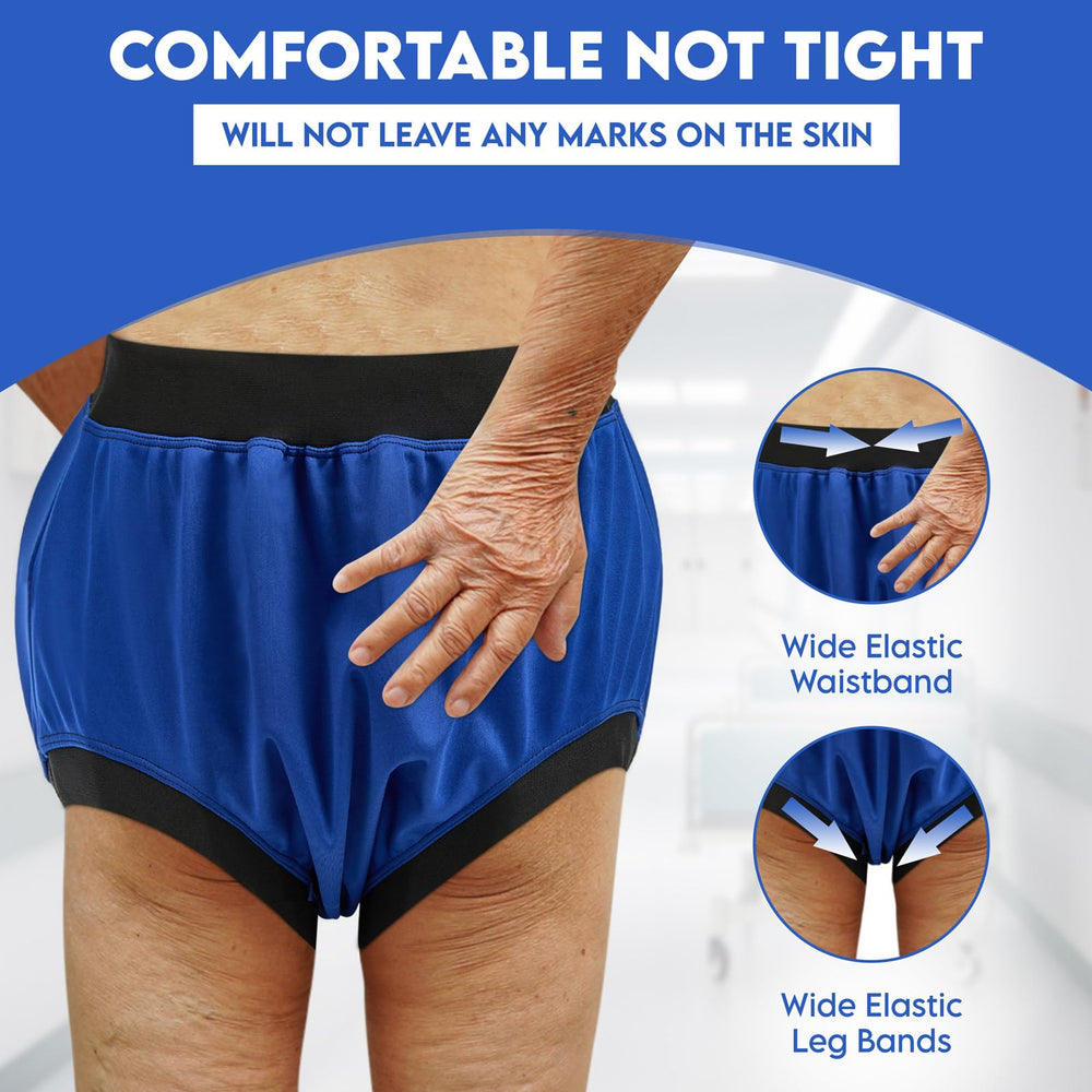 Menpol blue diaper cover back view under clothing remains smooth.
