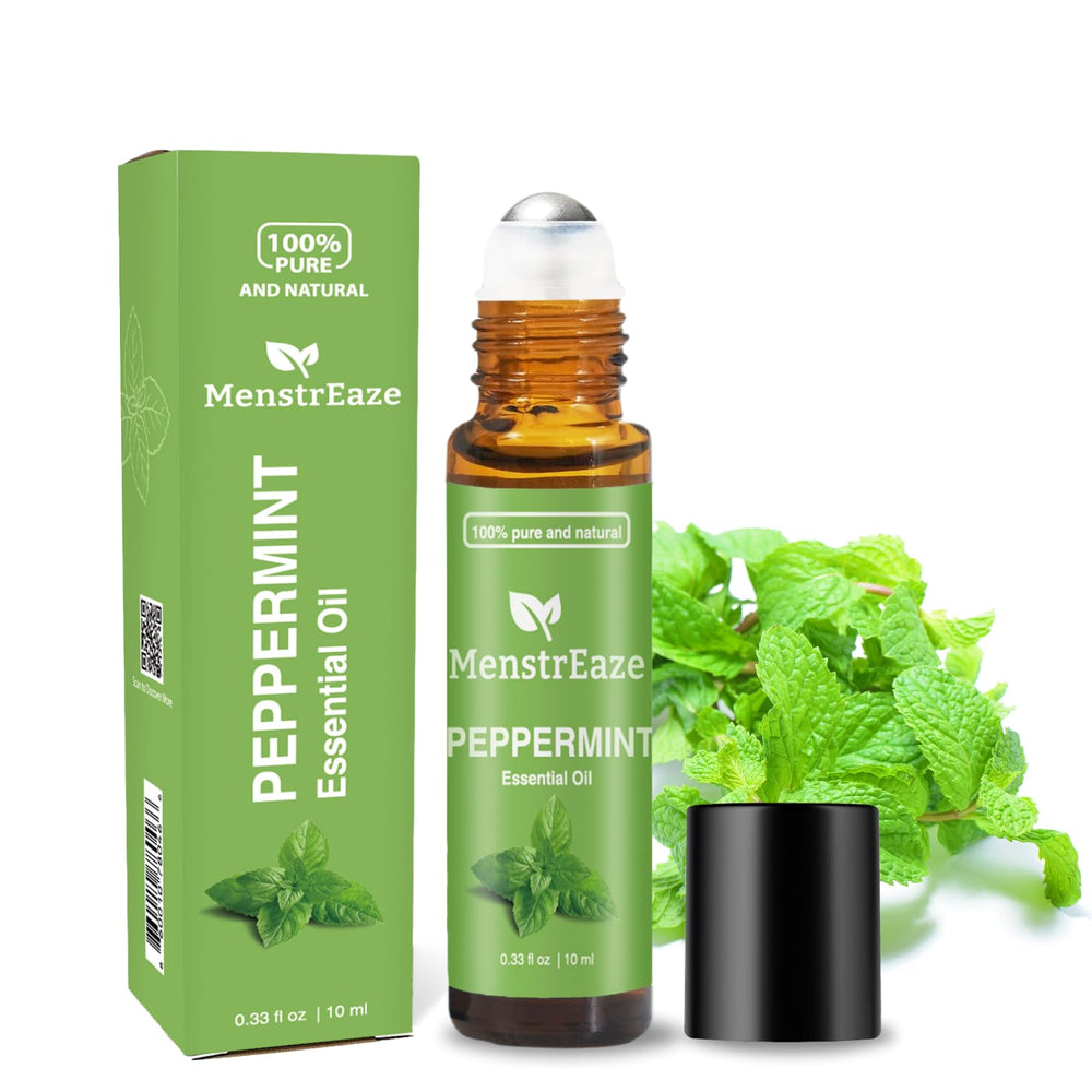 MenstrEaze peppermint roll-on compact bottle for on-the-go relief.